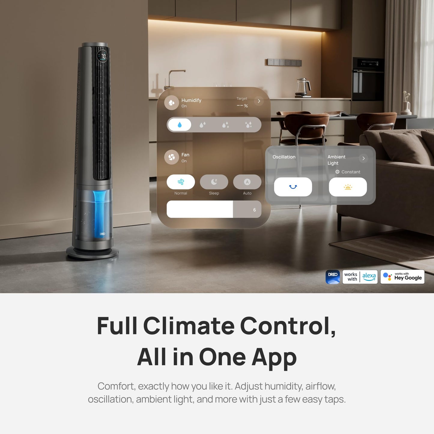 DREO TurboCool Misting Fan 765S, Fans that Blow Cold Air, 10°F Cooling, 34ft/s Fast Evaporative Air Cooler, 6L Tank, 20 dB Quiet DC Motor, 90° Tower Fan with 12 Speeds, 4 Modes for Home, Grey