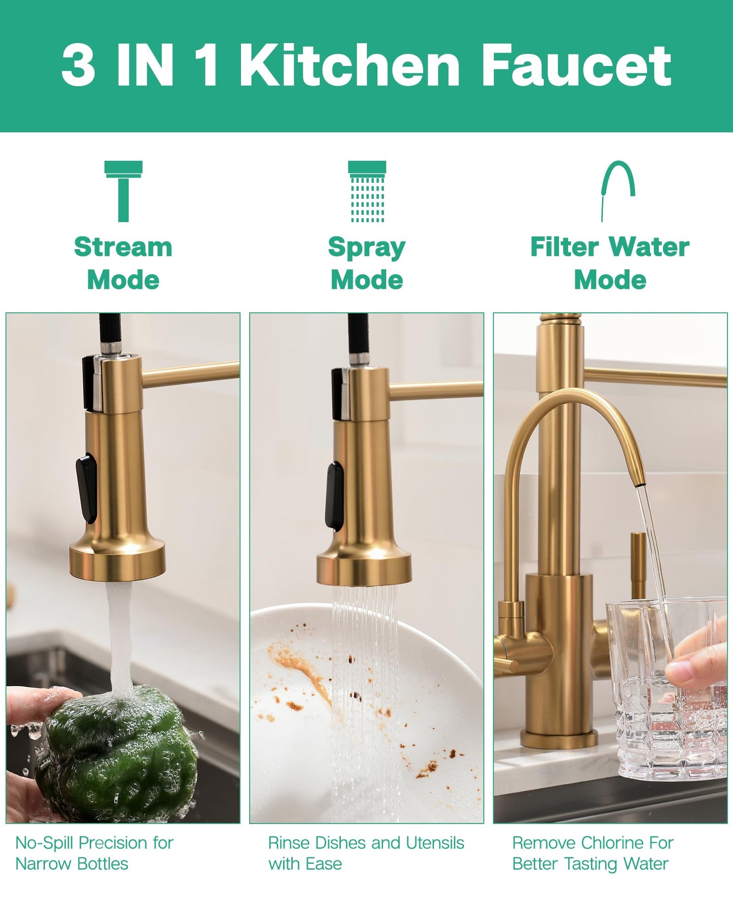 GIMILI 3 in 1 Kitchen Faucet with Pull Down Sprayer Brushed Gold Two Handle Kitchen Sink Faucet with Under Sink Water Filter System Reduces PFAS, PFOA/PFOS, Lead, Chlorine, Bad Taste & Odor