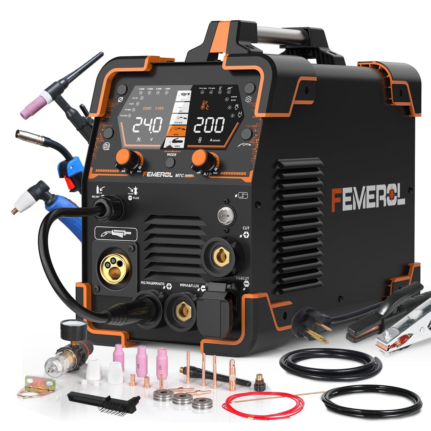 FEMEROL Plasma Cutter Welder Combo 200A Gas MIG/Gasless MIG/HF TIG/Stick/CUT/SPOT 6 in 1 Welding Machine Aluminum Welding 110/220V Dual Voltage Multi Process Welder