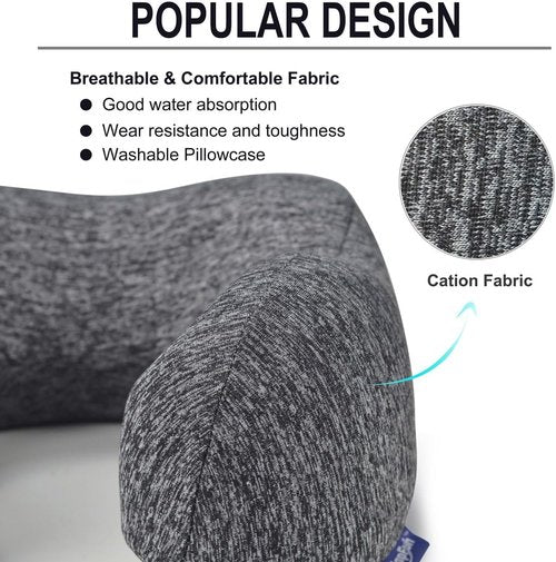 Napfun Travel Neck Pillow - Upgraded 100% Pure Memory Foam for Airplane Comfort | Portable Grey Headrest