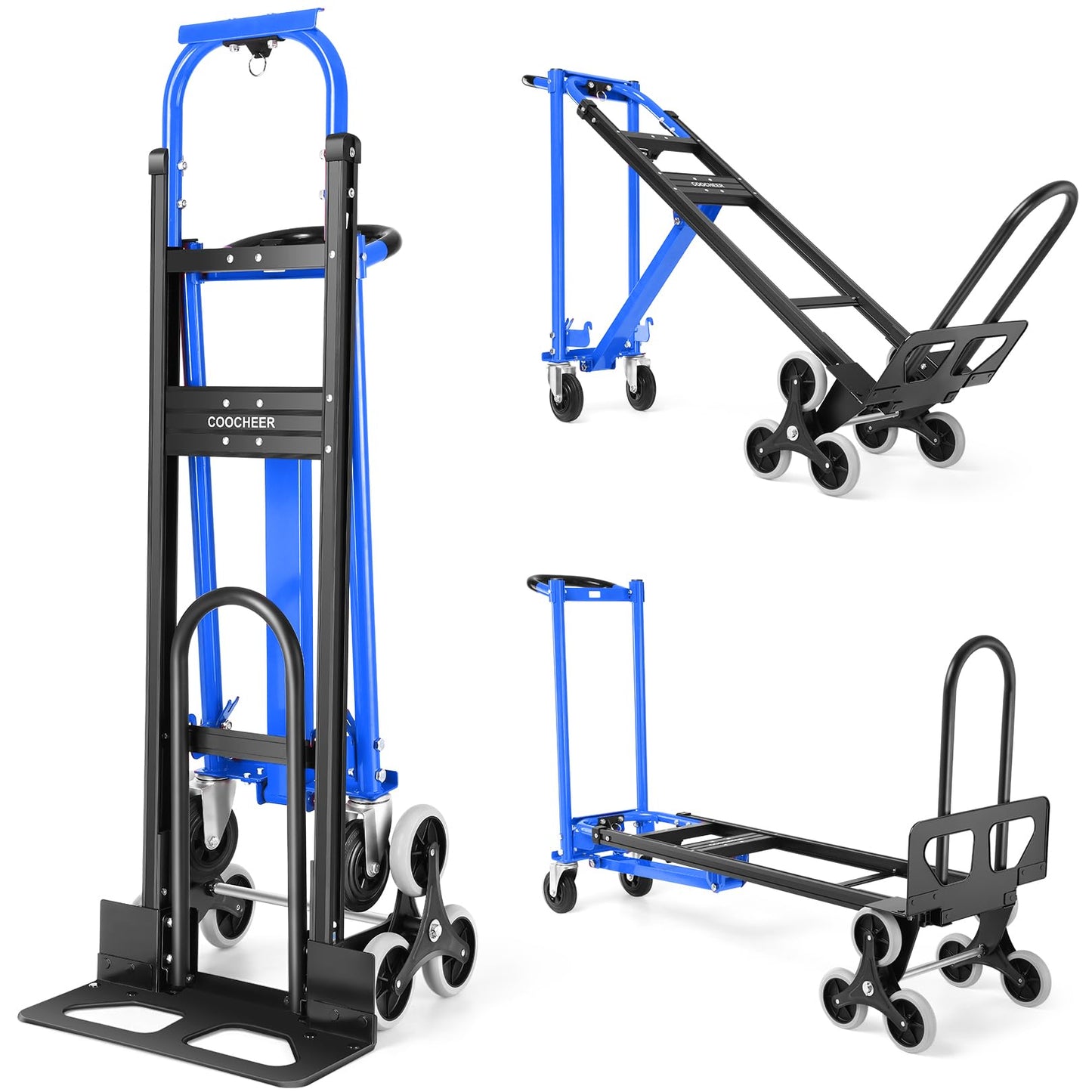 1000LBS Convertible Hand Truck, Heavy Duty Foldable Aluminum Stair Climbing Dolly with Solid Wheels for Moving/Office/Travel (Blue)