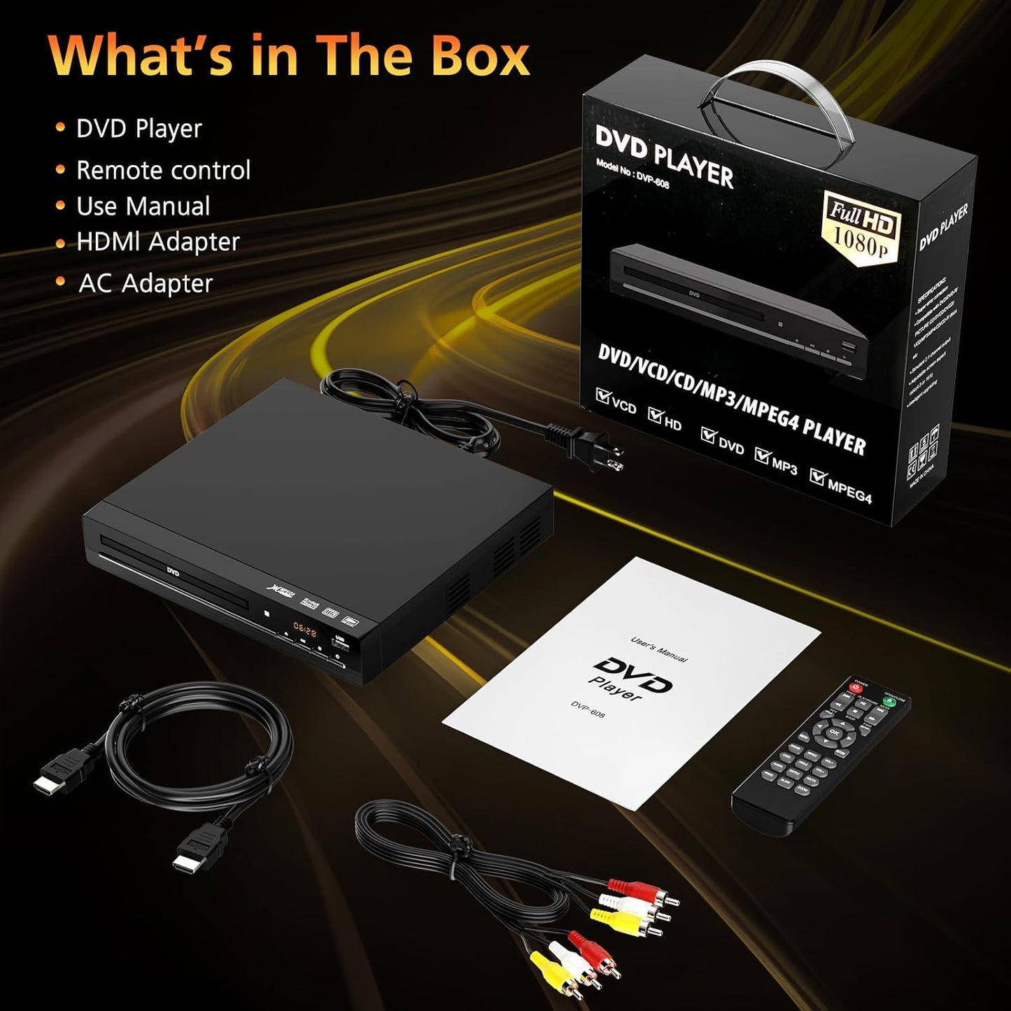 Wxjwyt 1080p Region Free DVD Player with HDMI Upscaling, Compact Multi-Format CD/DVD/USB Player for Smart TV, Plays All