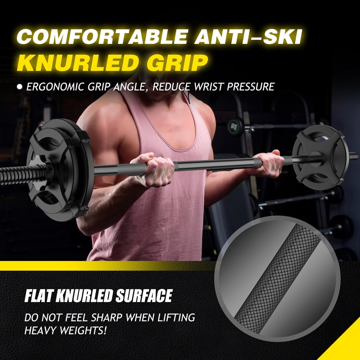 Weight Lifting Bar 57", 1" Standard Straight Barbell Bars Olympic for Home Gym Weight lifting/Strength Training/Squat/Bench Press/Deadlift/Lunges/Hip Thrusts, 2 Star Collars (480lb Weight Capacity) (Black)