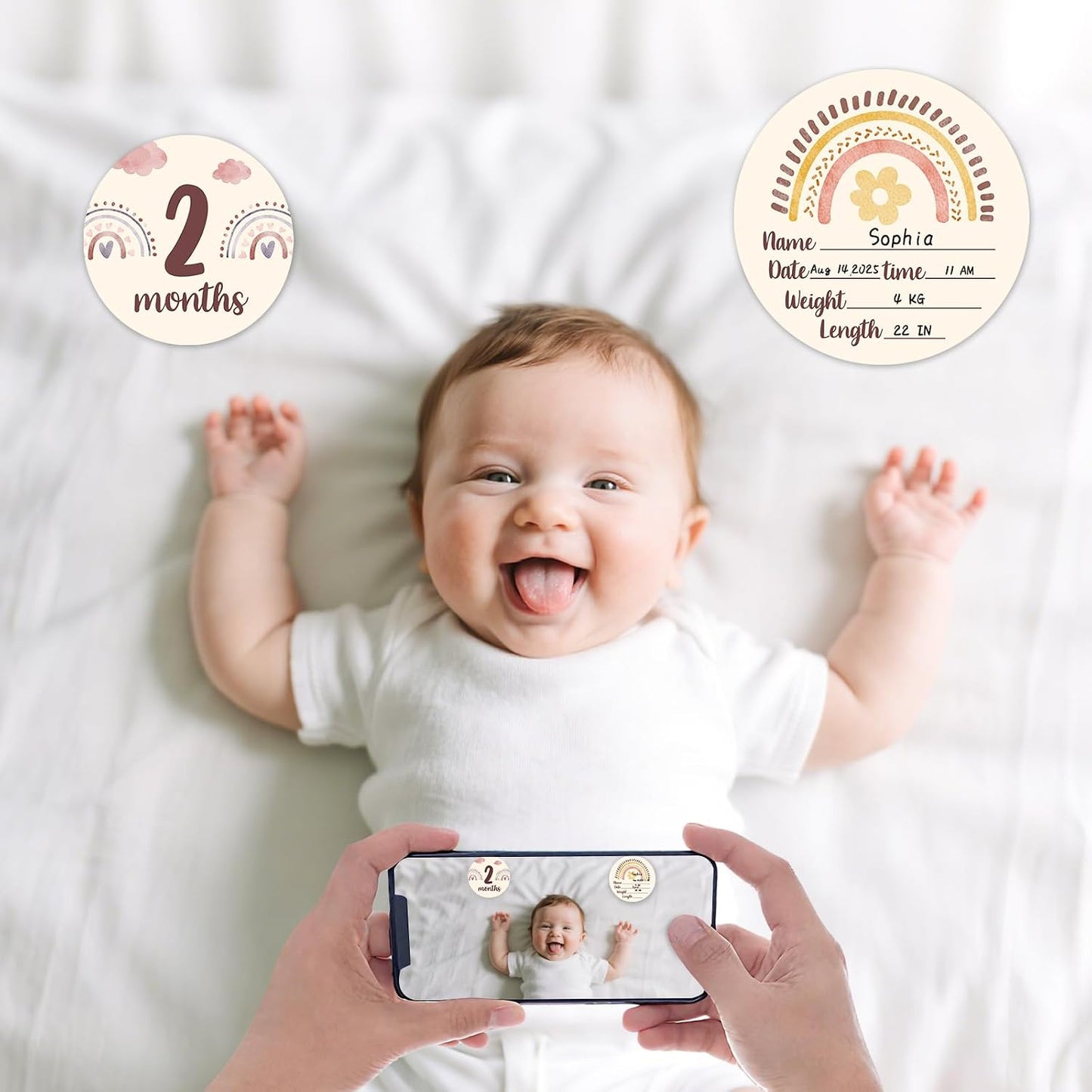 Set(13pcs) Baby Monthly Milestone Cards Sign - Double Sided Wooden Milestone Cards with Rainbow Design, Wooden Circles