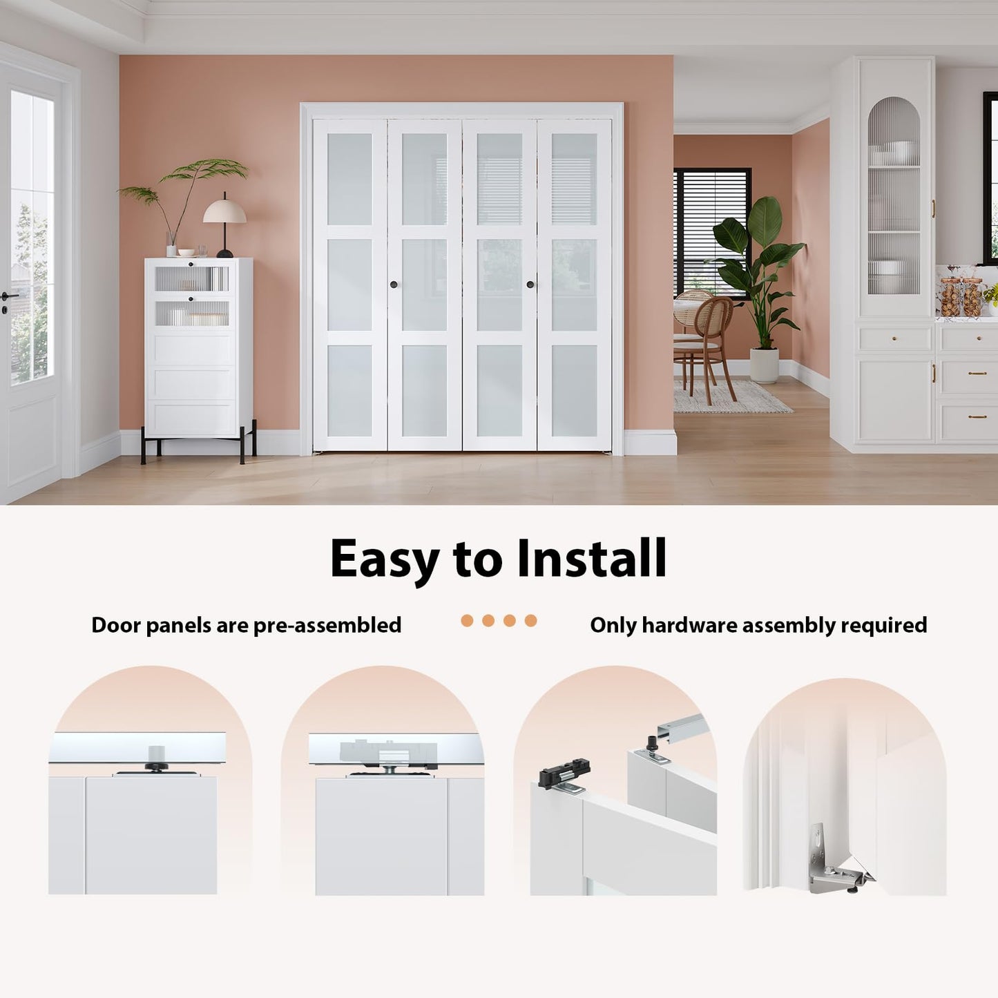 EaseLife Preassembled Bi-Fold Doors, for 60"x 80" Opening,Tempered Frosted Glass Closet Folding Barn Door with Concealed Hardware Kit,MDF Wood Panel,Water-Proof PVC Surface,Easy Installation