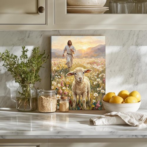 Jesus and Lamb Canvas Wall Art - Inspirational Christian Decor for Living Room | 12x16in Framed Print