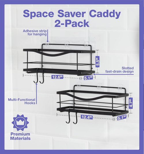 KINCMAX Premium Shower Caddy - Rustproof Stainless Steel Organizer with 4 Hooks | No Drill, Matte Black