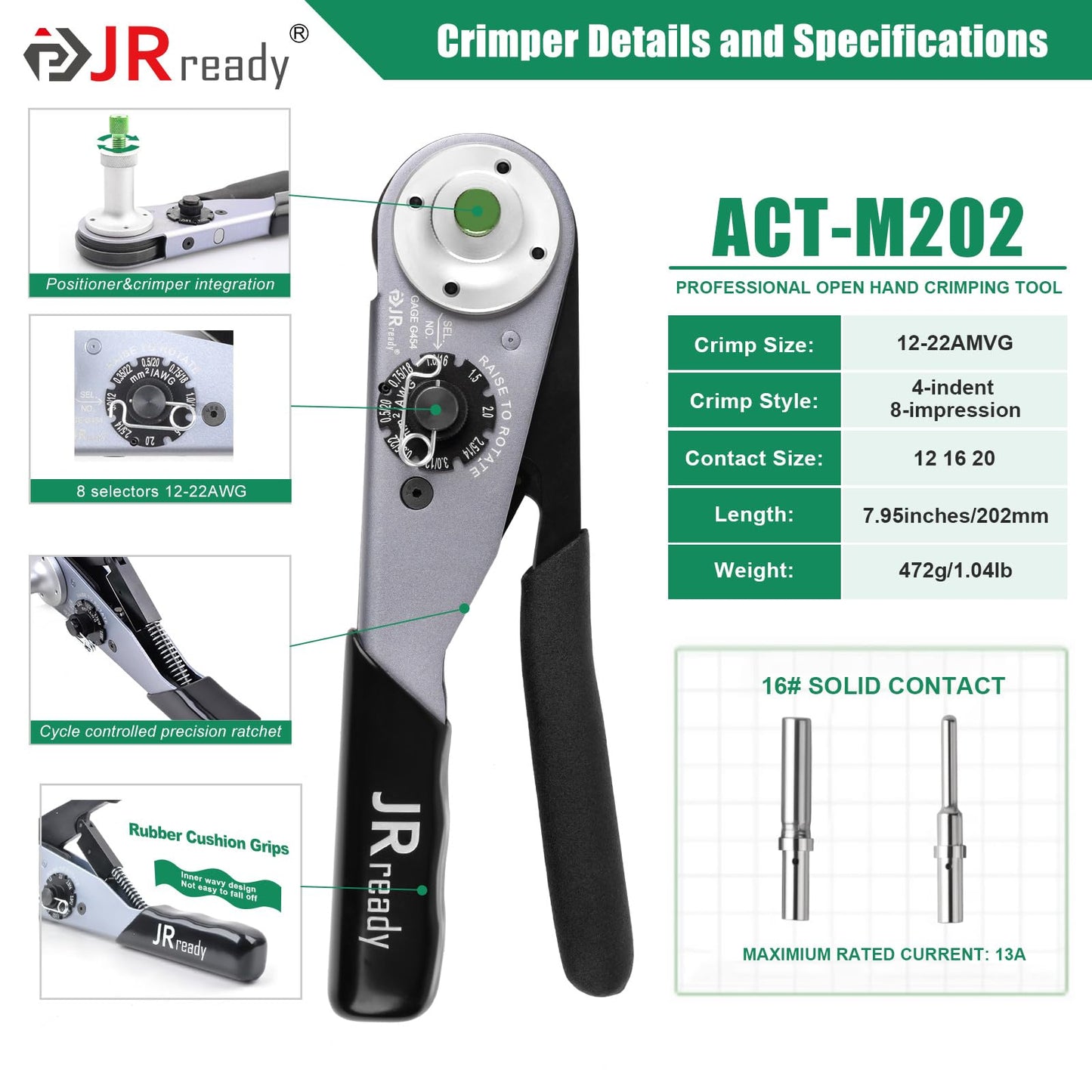 JRready DW5010 Deutsch Connector Kit, 2 3 4 6 8 12 Pin IP68 Waterproof DT Connectors Kit with ACT-M202 Adjustable Deutsch Crimp Tool for 12-22AWG, Size 16 Solid Contact Pins 16-20AWG