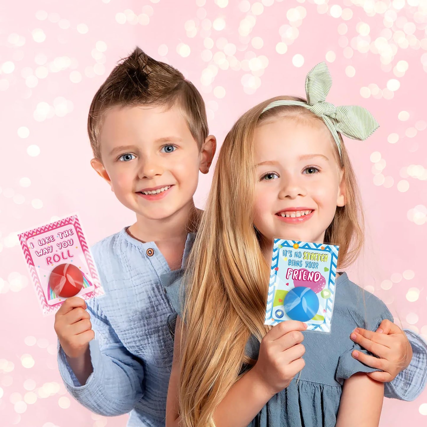 WEMEMORN Valentines Day Gifts for Kids, 32 Pack Valentine Cards for Kids Classroom with Stress Ball Stretchy Sensory Squeeze Toys, Valentine's Prizes Party Favor School Class Classroom Gifts Exchange