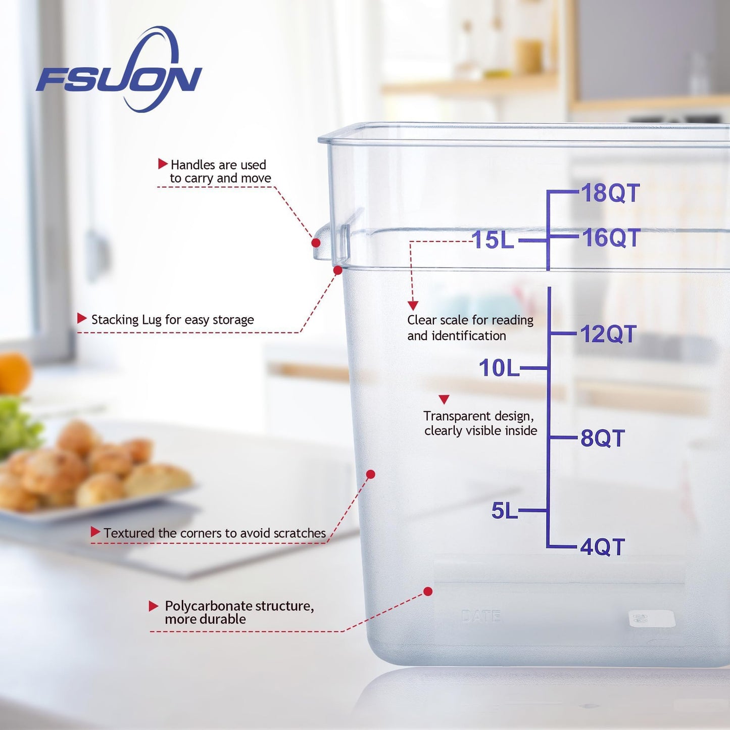FSUON 4 Pack Clear Food Storage Containers with Lids and Handles Polycarbonate Square Commercial Food Containers, NSF (18Qt)