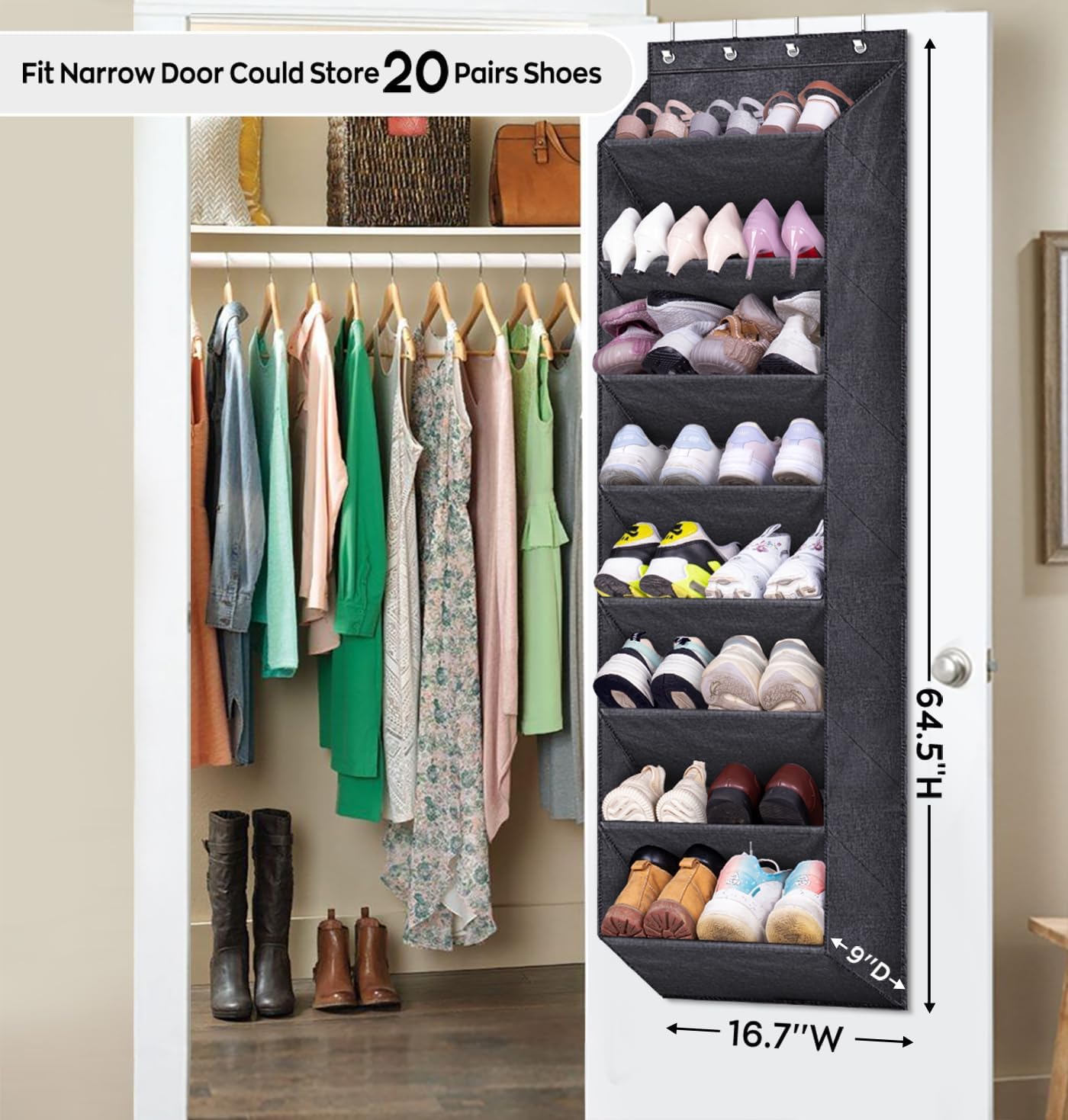 Sleeping Lamb Over The Door Shoe Organizer - Large Deep Pockets for Boots Storage | Black