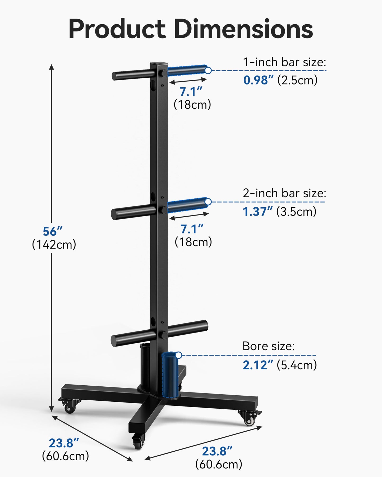 Movable Olympic Weight Plate Tree with 6 Metal Pegs, Fits 1" & 2" Weight Plates, Heavy Duty Storage Rack with Barbell Holders for Home & Garage Gym