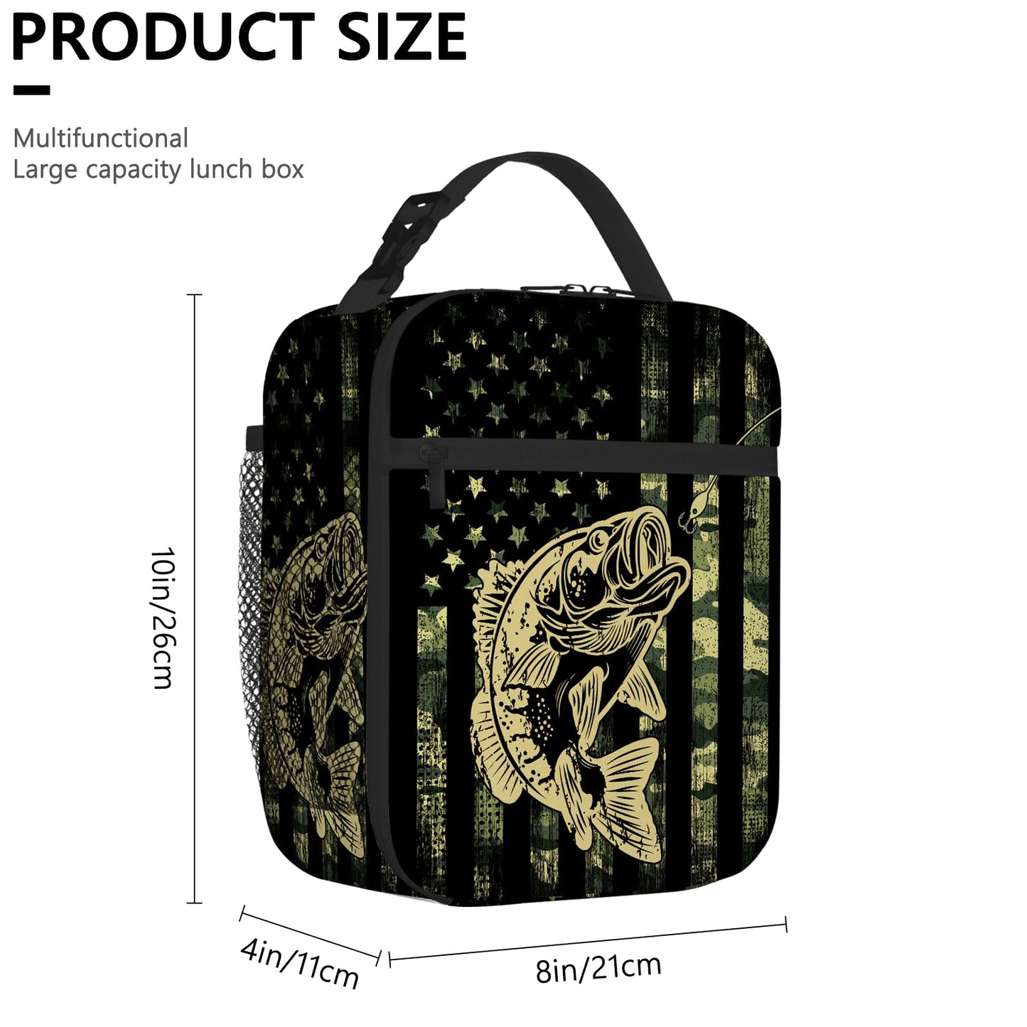DOINBEE Camo Bass American Flag Lunch Box, Army Green Camouflage USA Flag Bass Fishing Bait Lunch Bag for Men Women Kids Boys Girls, Camo Fish Insulated Lunchbox Portable Thermal Cooler Tote Bag