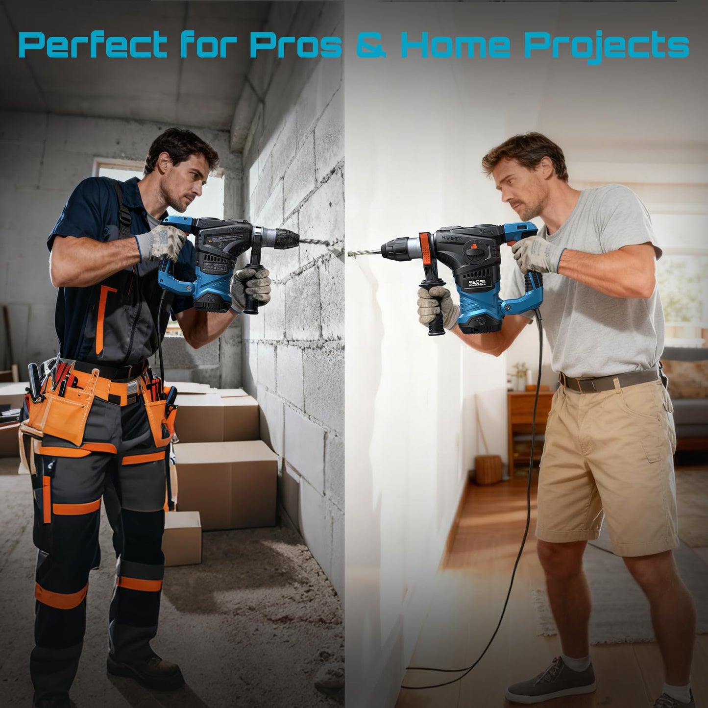 Seesii Heavy Duty Rotary Hammer: 13 Amp 1-1/4" SDS-Plus Demolition Hammer Drill for Concrete, Brick & Stone, 6J Power with 4 Functions, Safety Clutch & Reduced Vibration, with Drill Bits and Chisels