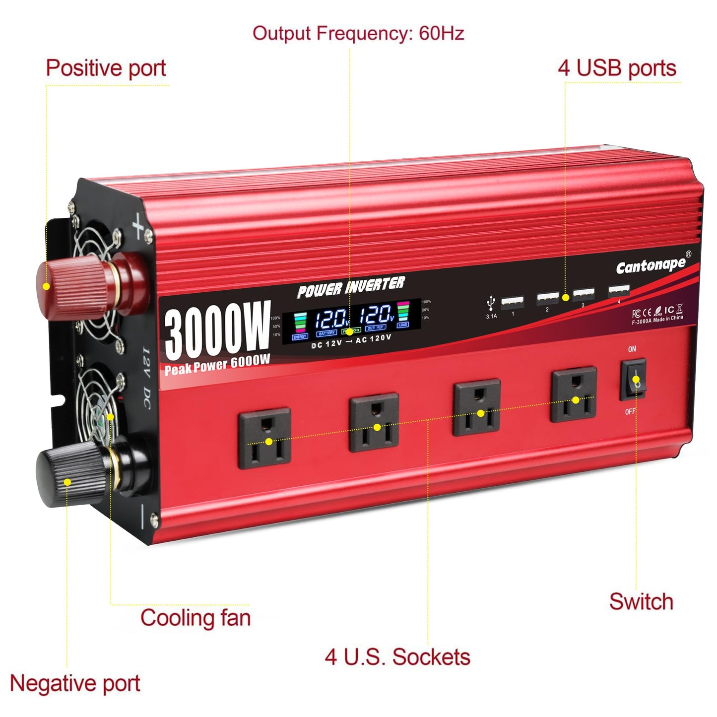 Cantonape 3000W Power Inverter 12V to 110V/120V DC to AC with LCD Display, Remote Controller 4 x AC Outlets and 4 x 3.1A USB Car Adapter for Car Truck Boat RV Solar System