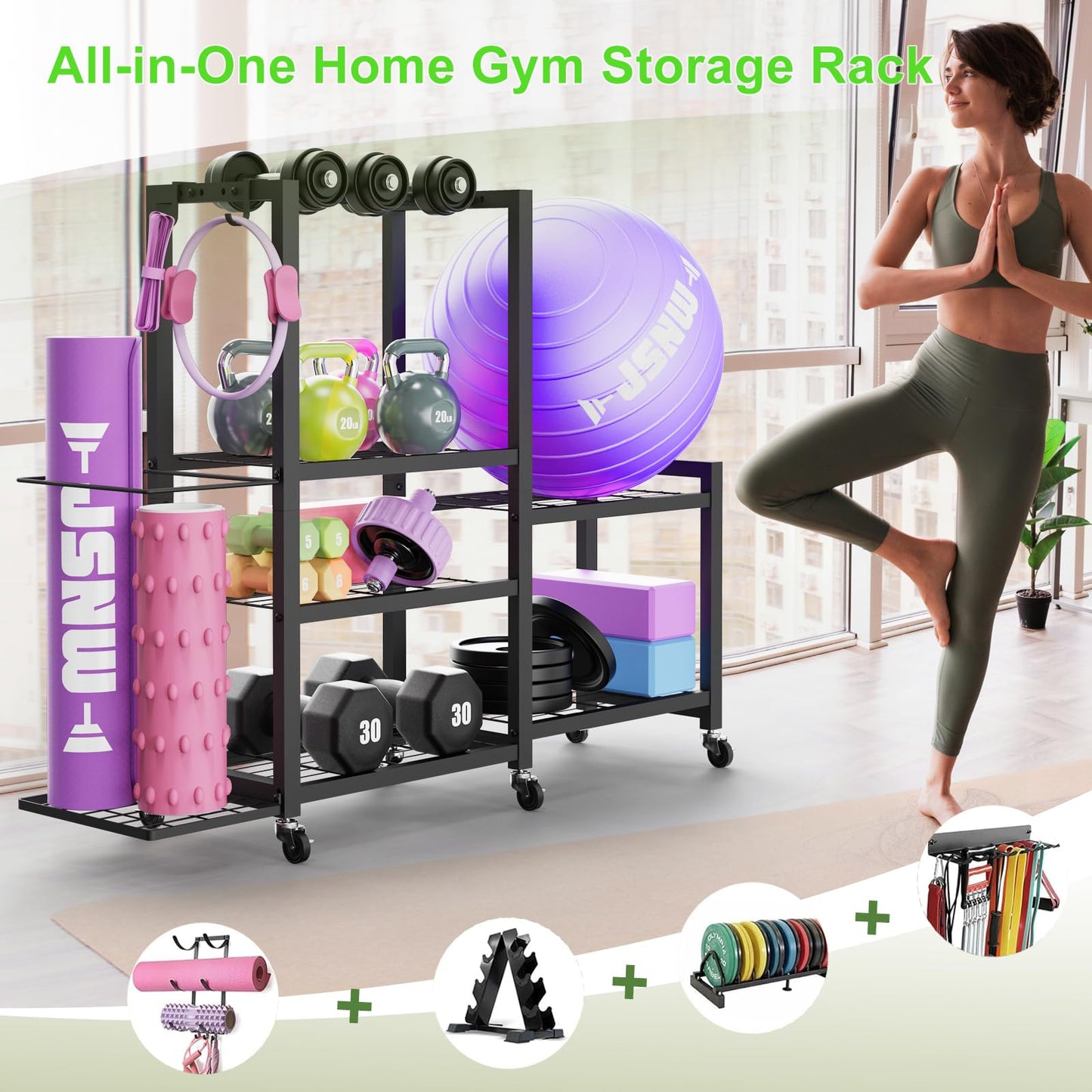 6-Tier Multi-Functional Home Gym Storage Rack with Wheels and Hooks, Adjustable Weight Rack for Dumbbells Kettlebells Yoga Mat and Balls, Space Saving Workout Equipment Storage Organizer