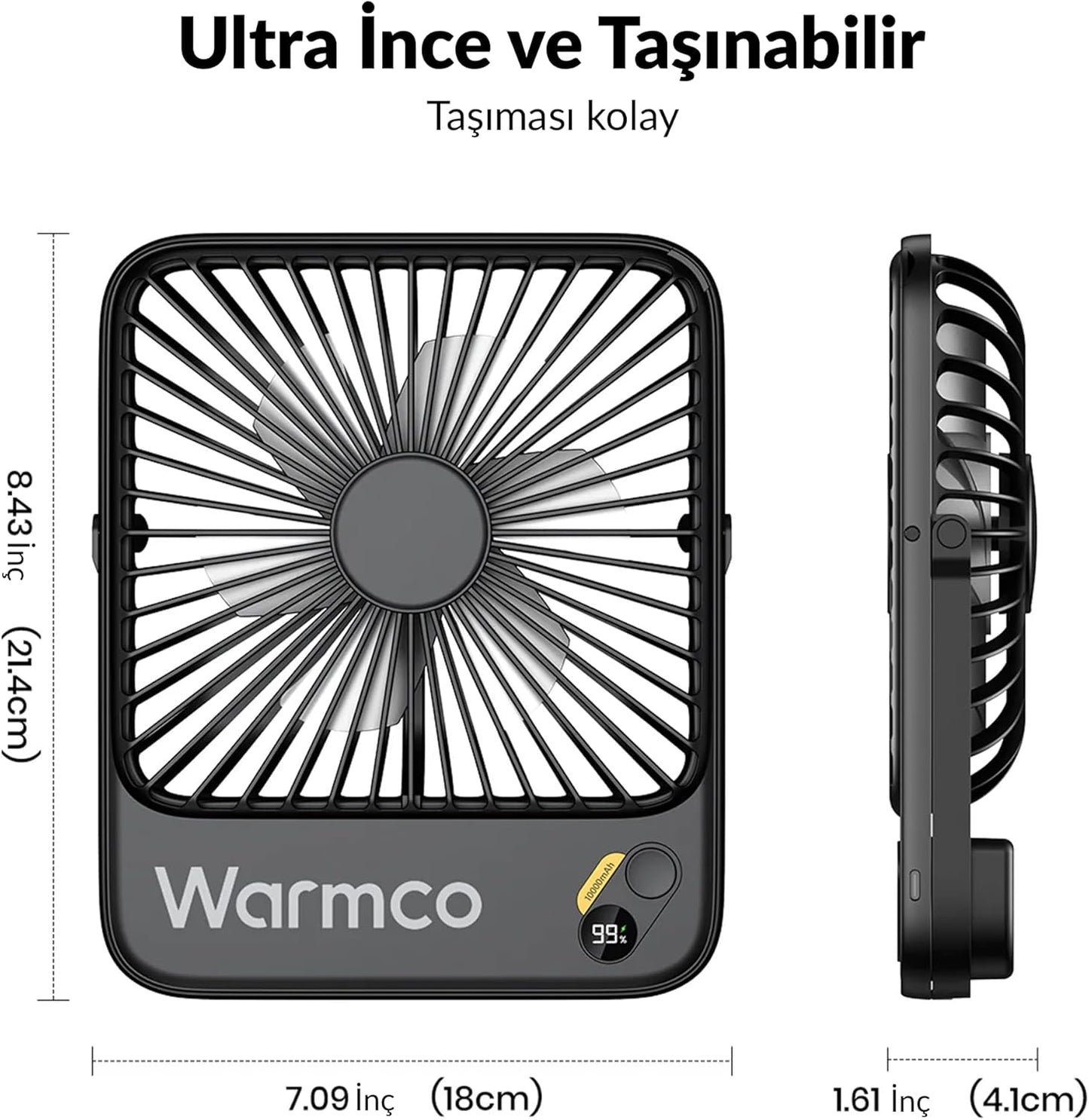 Warmco 10000mAh Portable Travel Fan - 7-Inch Ultra-Thin, Quiet & Rechargeable with 24H Runtime | Ideal for Camping, Office & Bedroom
