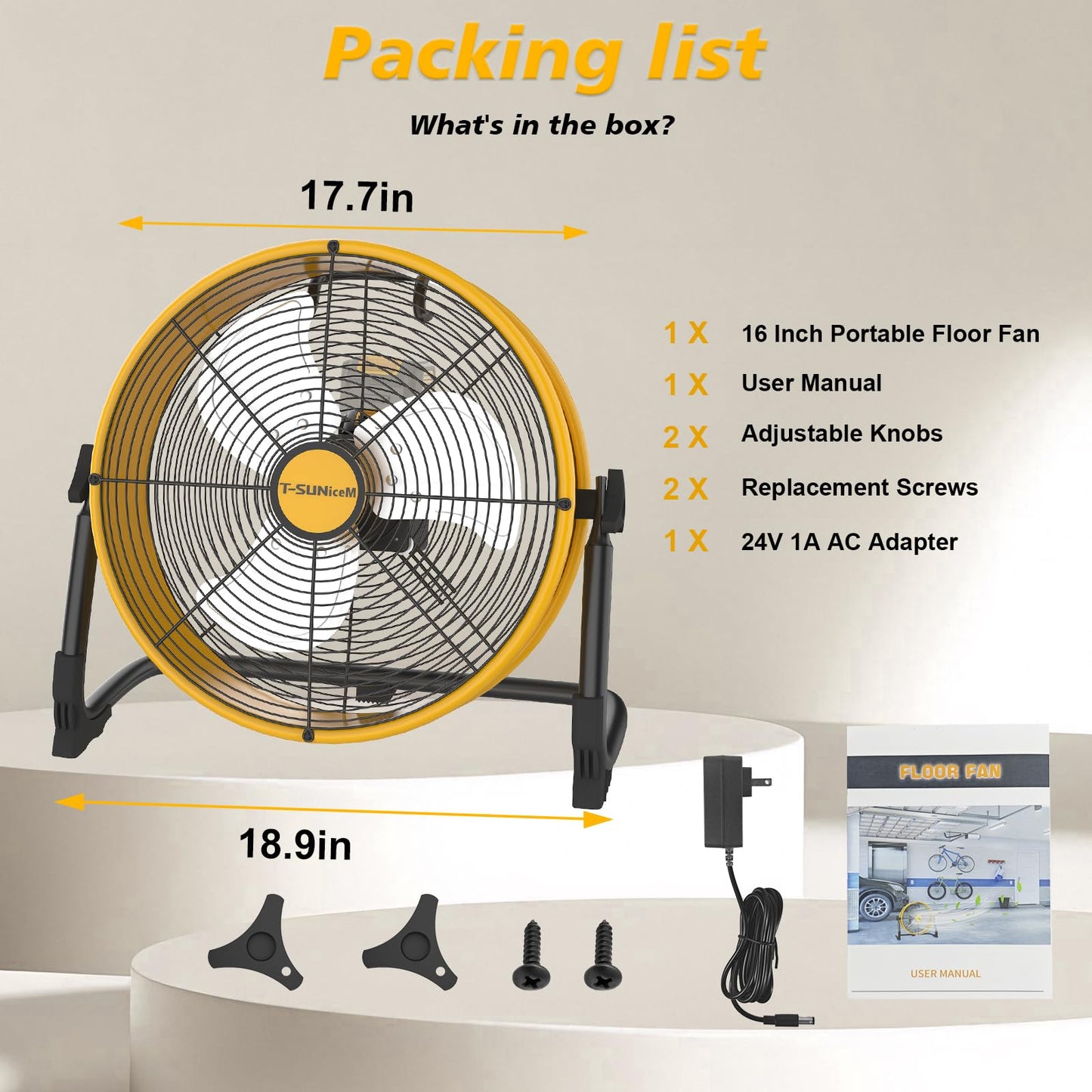 16" Battery Operated Floor Fan Compatible with Dewalt 20V Max Battery, Portable Fan with AC Adapter and USB Output, Metal Industrial High Velocity, Stepless Speed Cordless Fan for Jobsite Camping