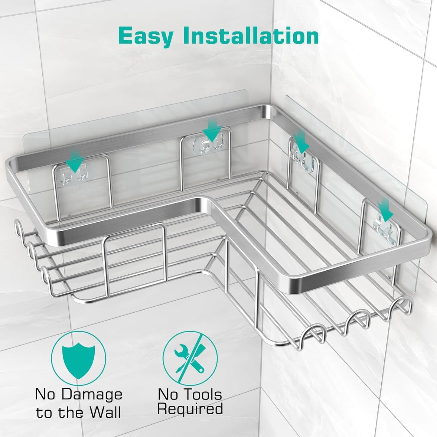 YASONIC Shower Caddy - Rustproof Stainless Steel Bathroom Organizer with Soap Holder & 12 Hooks | Brushed Silver, 3-Pack