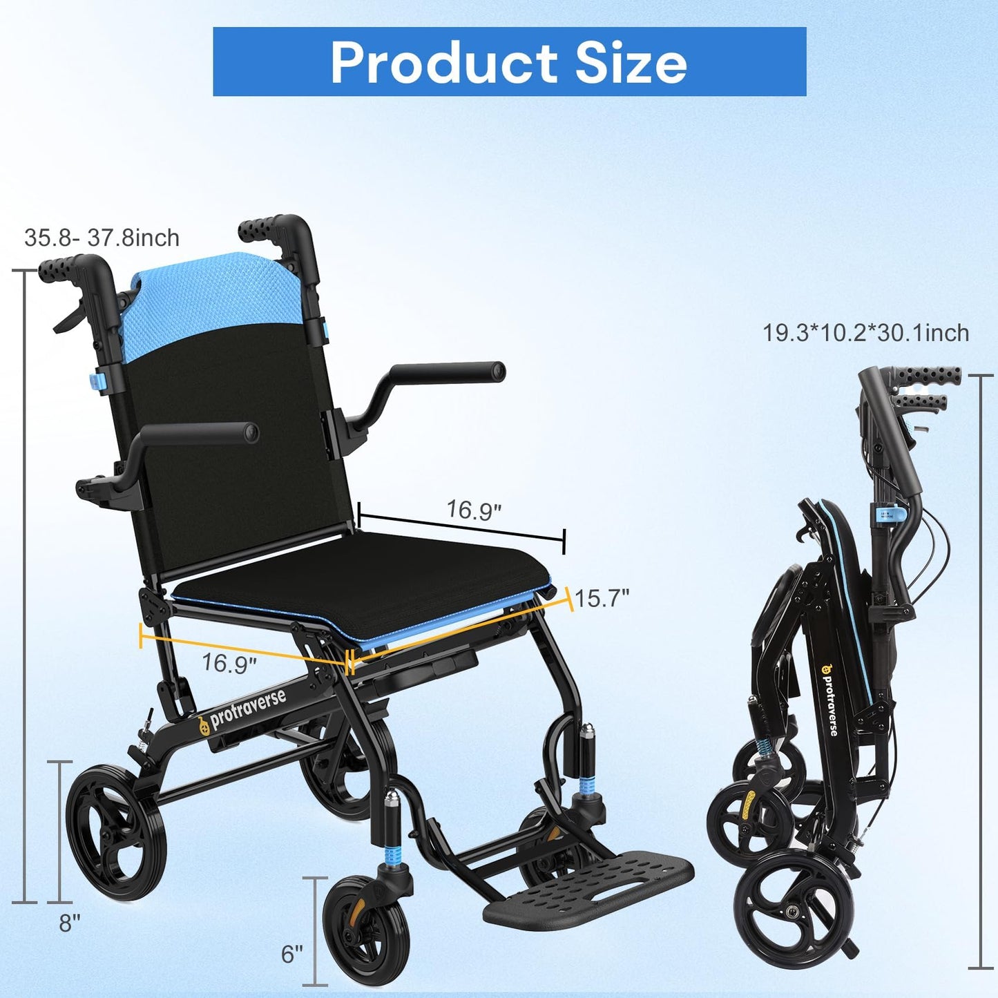 Wheelchairs for Adults,Utral-Lightweight(only 19.4lbs) Transport Chair, Foldable and PortableTravel Wheelchair with Telescopic Handle,Portable Folding Transfer Wheelchairs for Elderly,Blue