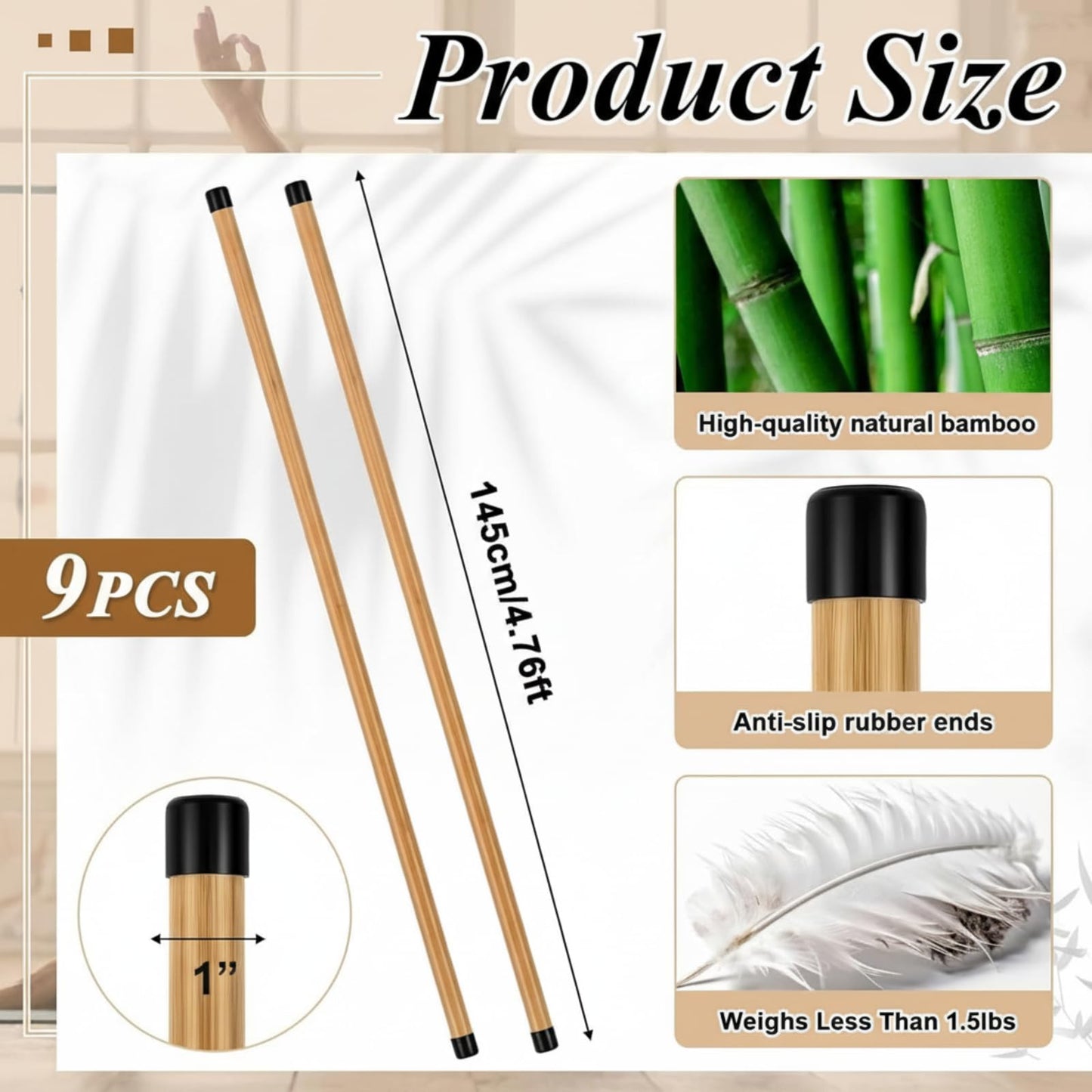 Hiboom 6/9 Pcs 5ft Yoga Stick Natural Bamboo Black Exercise Stick with Non-Slip Rubber Ends Stretching Tool Posture Corrector Stretch Tool for Flexibility, Workout, Balance Fitness(6 Pcs,Bamboo)