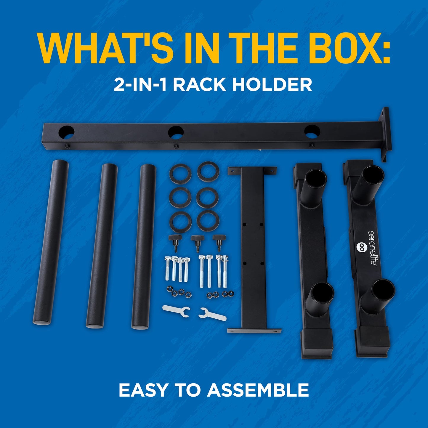 SereneLife 6-Pegs Olympic Weight Plate Rack & 4 Barbells - 800 Pounds Capacity, Heavy Duty Gym Organizer, Scratch Resistant Frame, Powder-Coat Finish, Easy to Assemble, Compact & Space-Saving