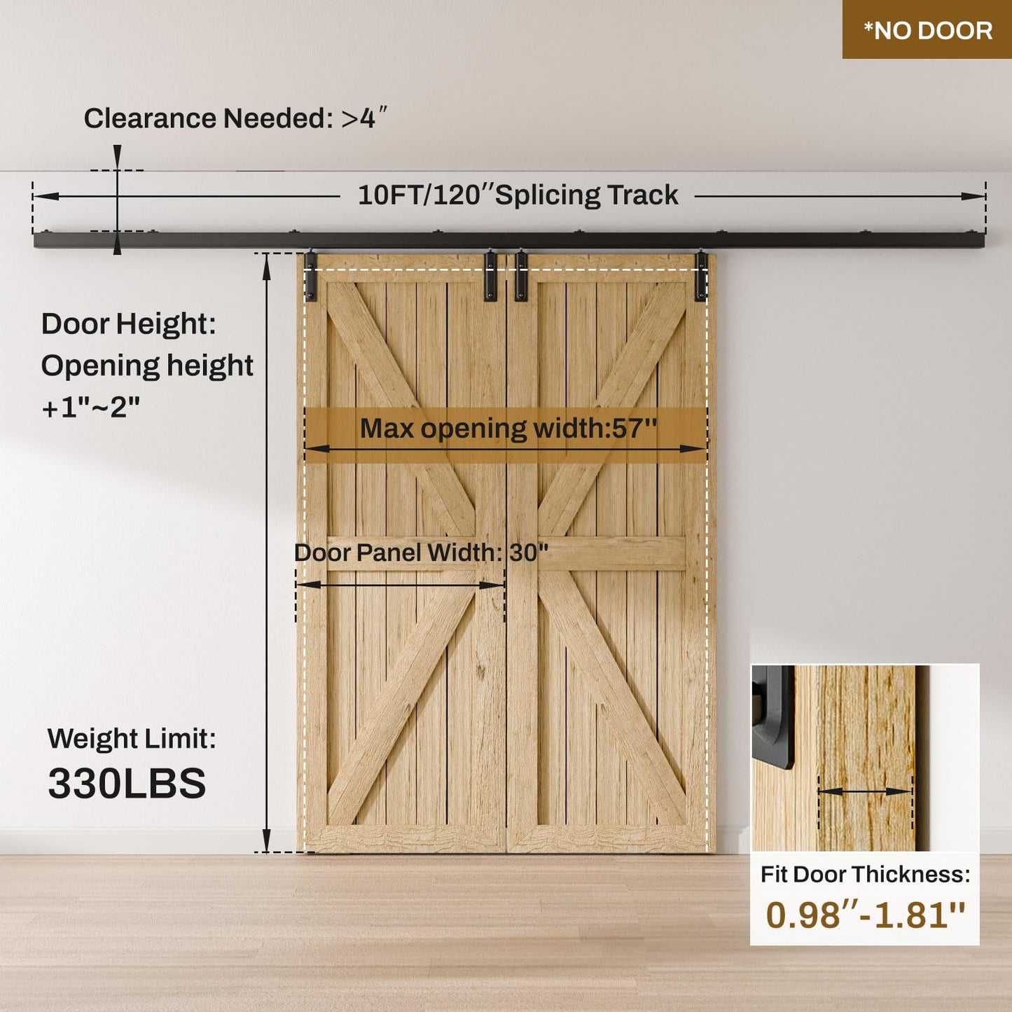 10FT/120'' Box Rail Sliding Barn Door Hardware Kit Aluminium Alloy Wall Mount, Smooth and Heavy Duty for Double Door (NO Door Panel)