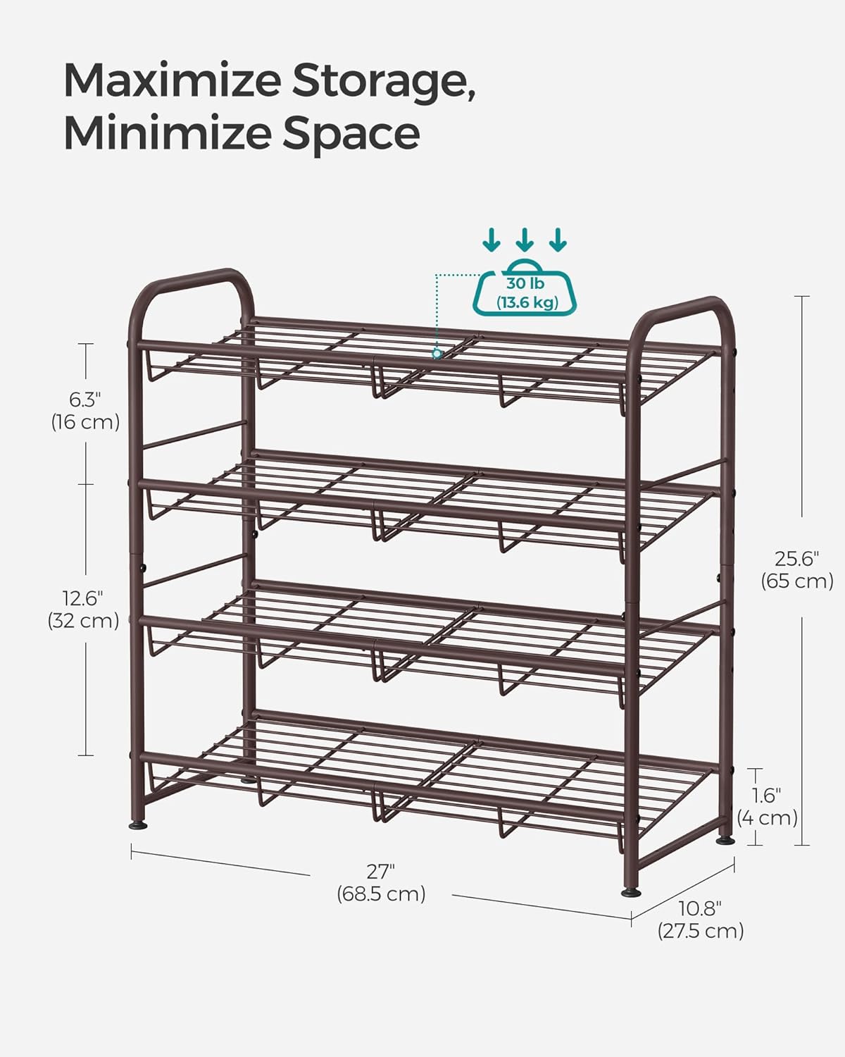 SONGMICS 4-Tier Stackable Shoe Rack - Adjustable Metal Storage Shelf for 16 Pairs | Bronze Finish