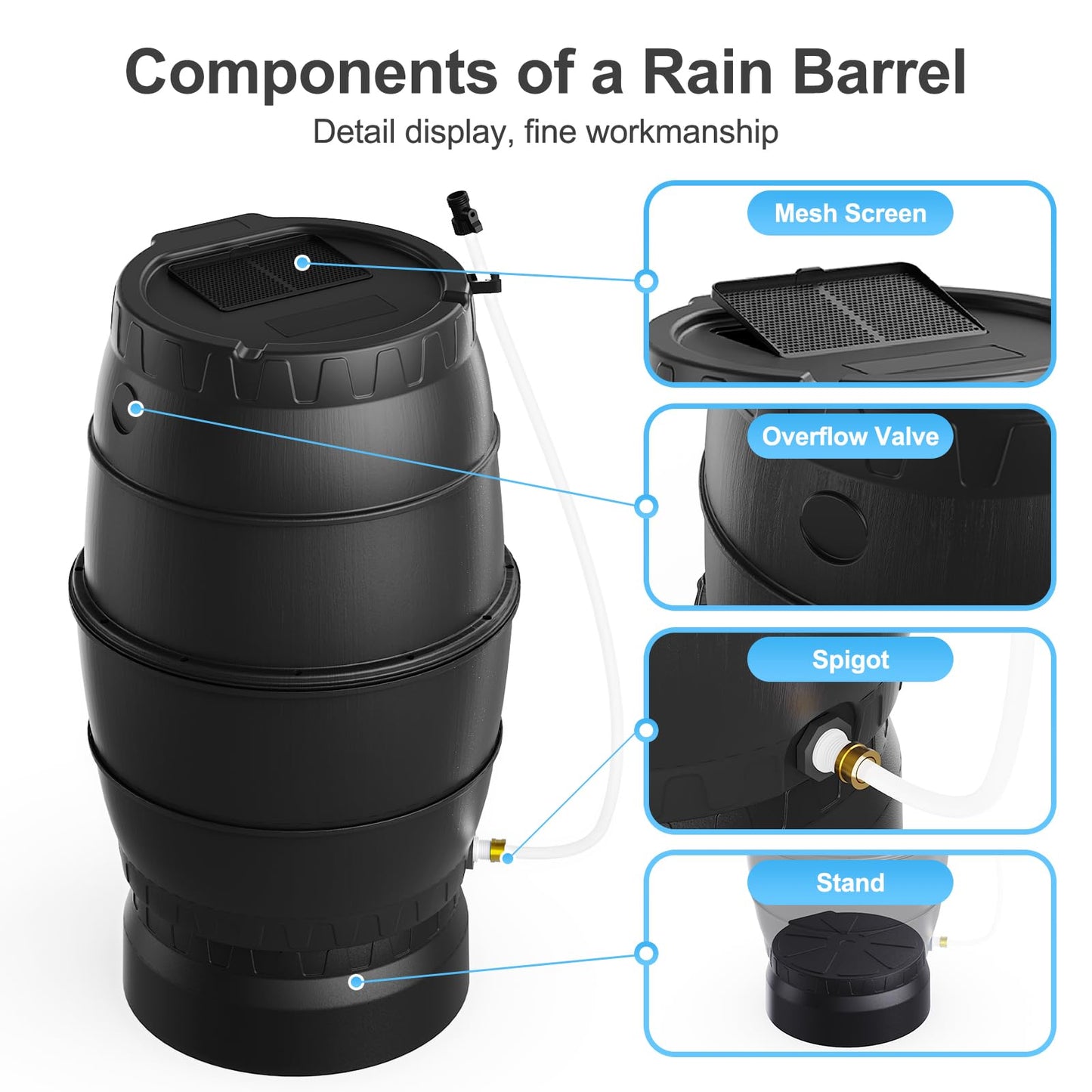 EJWOX Rain Barrel with Stand to Collect Rainwater from Gutter, Heavy Duty BPA Free Rain Water Collection Barrel with Spigot and Filter (45 Gallon, Black)