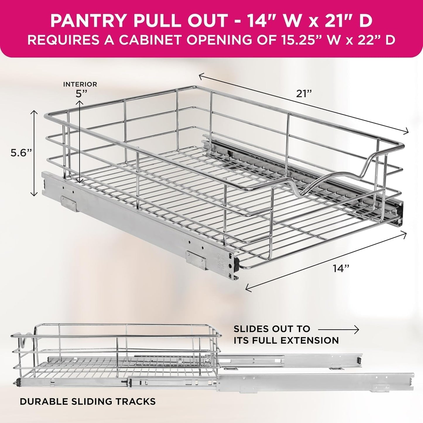 HOLDN’ STORAGE Pull Out Cabinet Organizer, Slide Out Drawer for Kitchen Cabinets & Pantry, Roll Out Shelf for Pots, Pans & Under Sink Storage, Heavy-Duty Full-Extension, 14"W x 21"D x 5"H