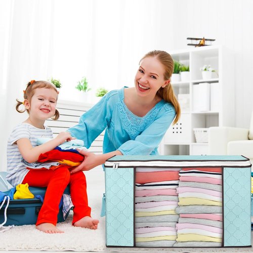 Budding Joy 90L Large Storage Bags - 8 Pack Foldable Closet Organizers for Clothes, Blankets & Toys (Blue)