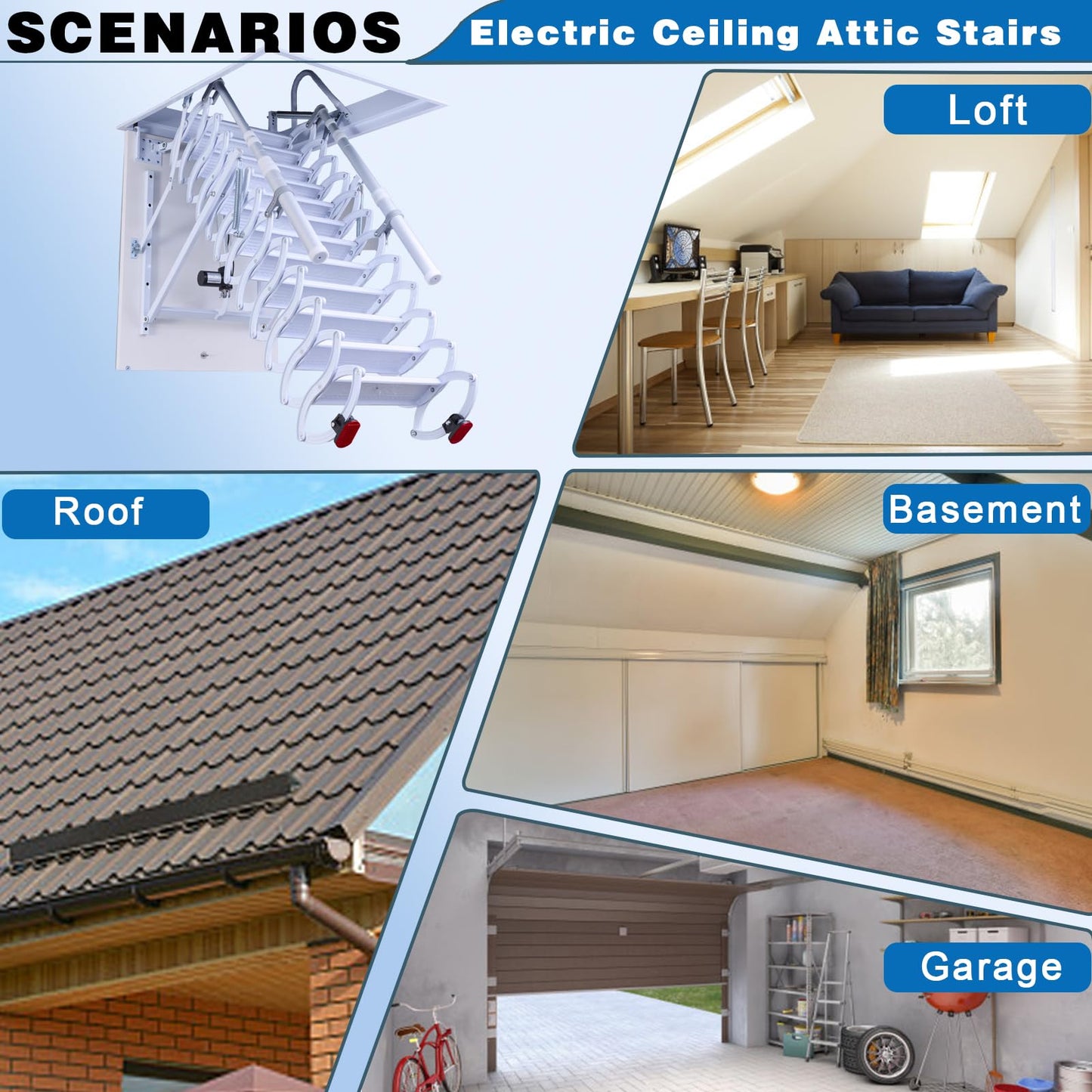 12 Steps Electric Attic Ceiling Ladder, Retractable Pull Down System Attic Stair, Invisible Folding Ceiling Loft Ladder with Telescoping Handrail, Extension Steps Staircase for Home (White, Steps 12)