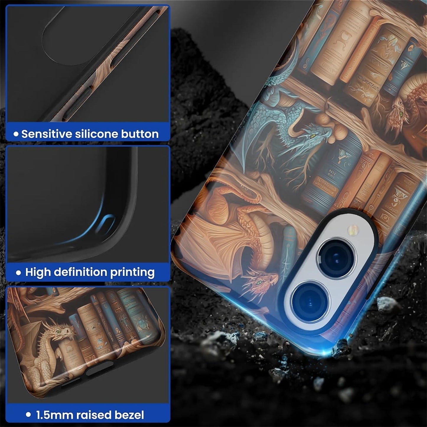 CARLOCA S25 Case for Samsung Galaxy Edge,Bookish Dragon Bookshelf Design- Hybrid Dual Protection Soft TPU + Hard PC