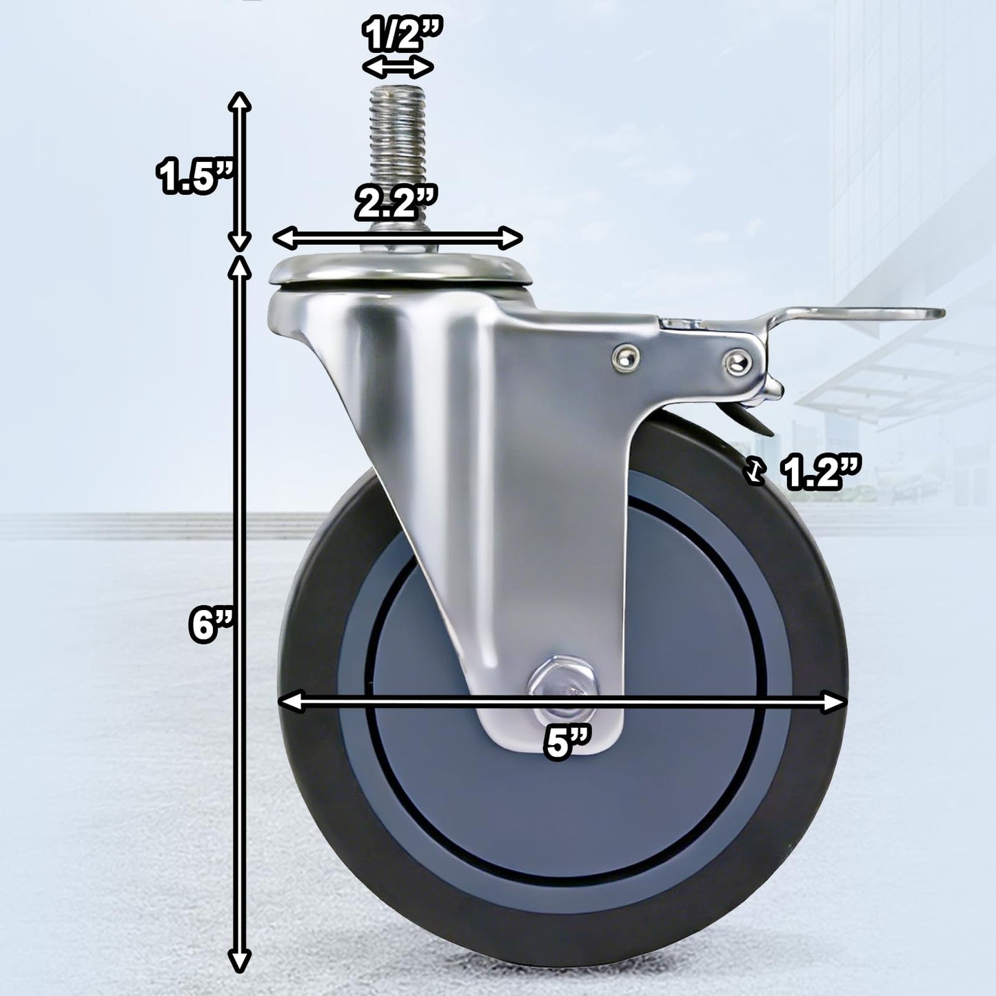 AAGUT 5 Inch Locking Swivel Casters 1/2"-13 x 1.5 Threaded Stem Wheels with Brake Grey TPR Rubber Wheel Set of 4