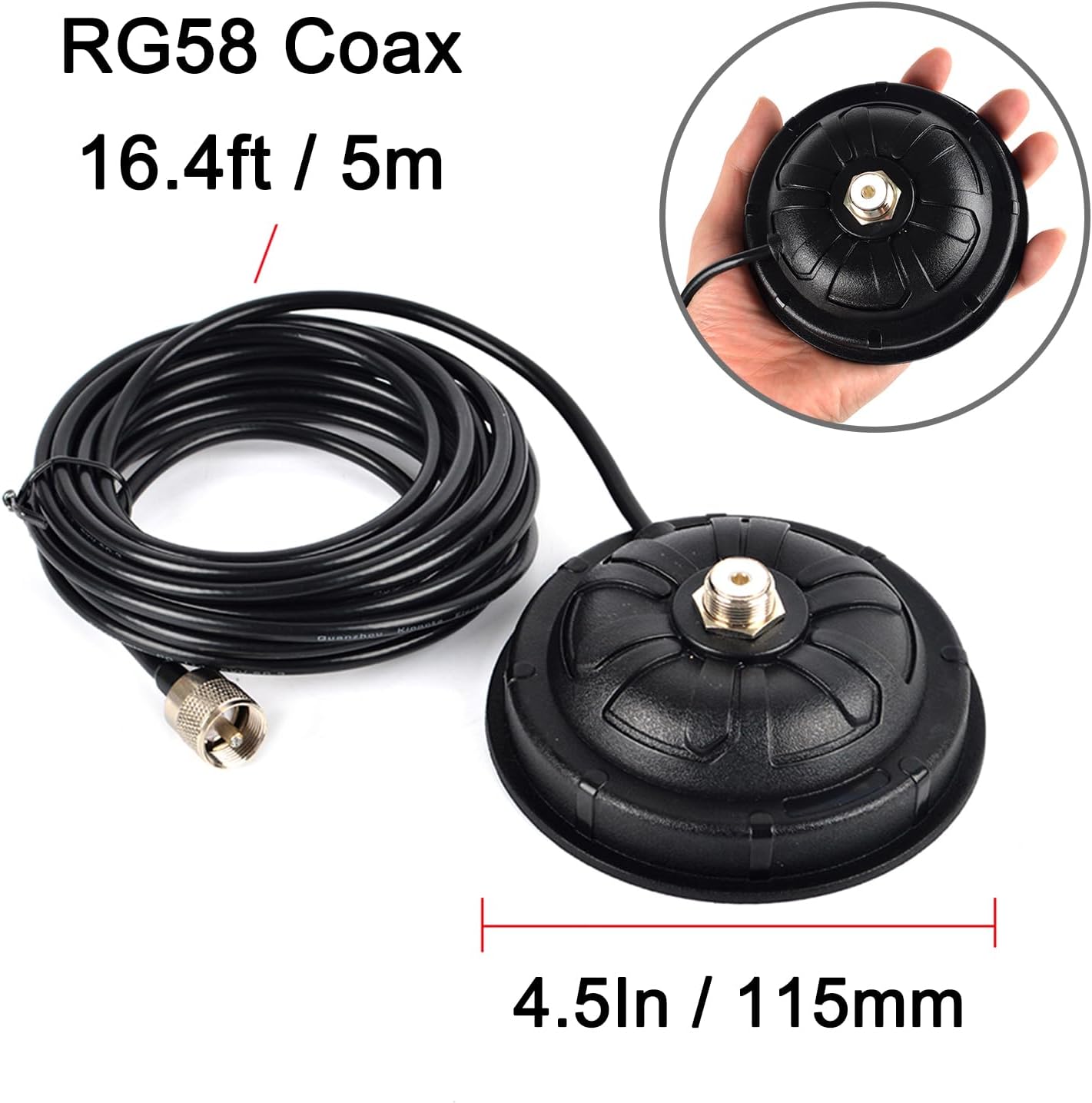 YNIBST 4.5 Inch SO239 Mount,16.4 ft.RG-58 PL-259,for Mobile Magnetic Antenna Cable with HF VHF UHF Mobile Ham Radio