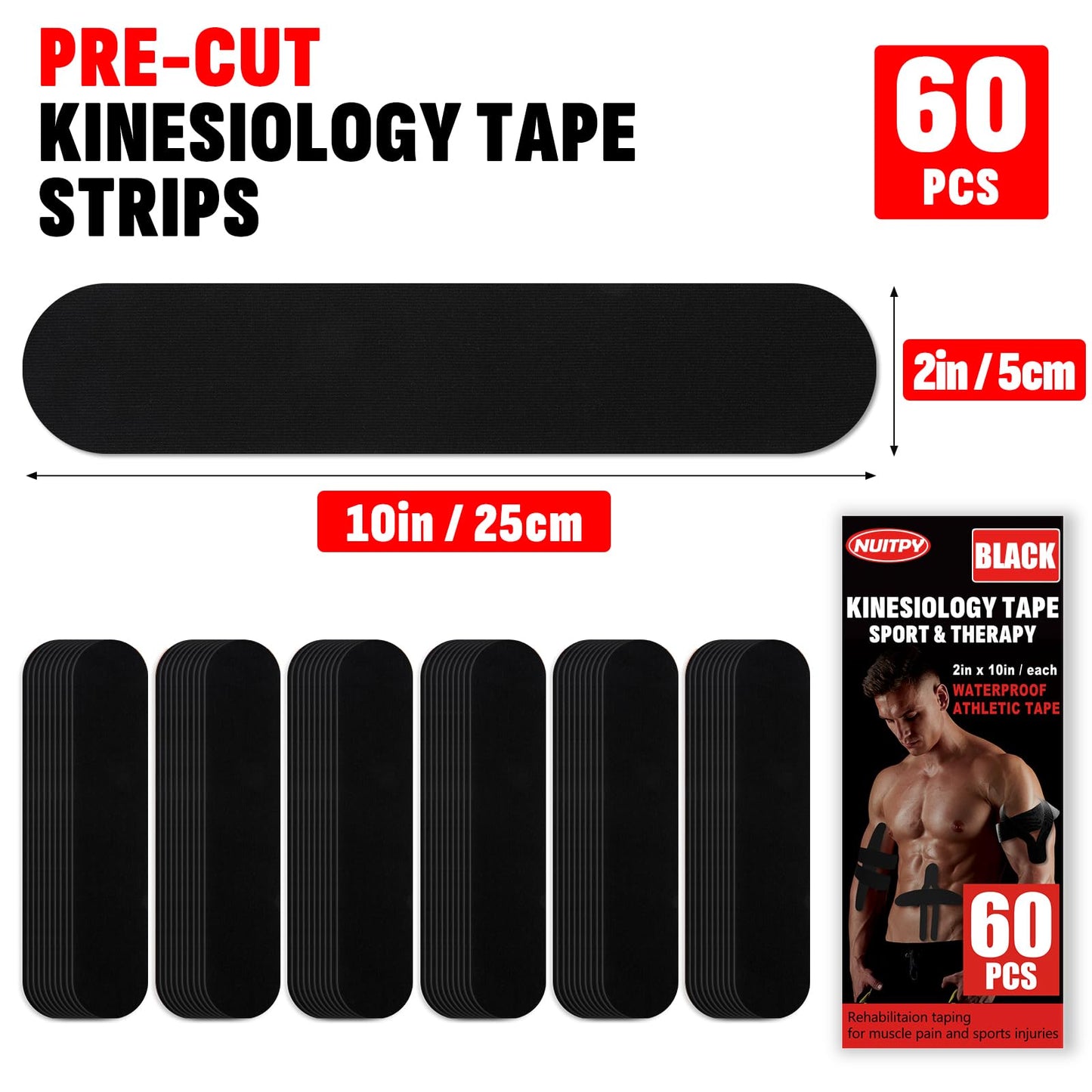 60PCS Precut Kinesiology Tape Strips, 2 inch x 10 inch Athletic Tape, Kinetic Tape, Elastic Muscle Tape, Sports Tape, Knee Tape for Exercise and Daily Use - Black