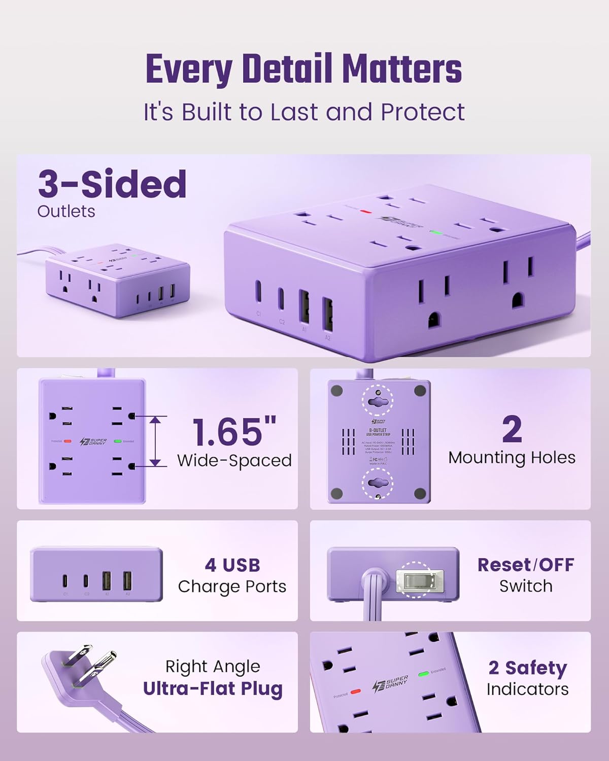 SUPERDANNY 10Ft, 8 4 (2 Purple Extension Cord Flat Plug Surge Protector Power Strip Kawaii, Outlets & USB Ports USB C)