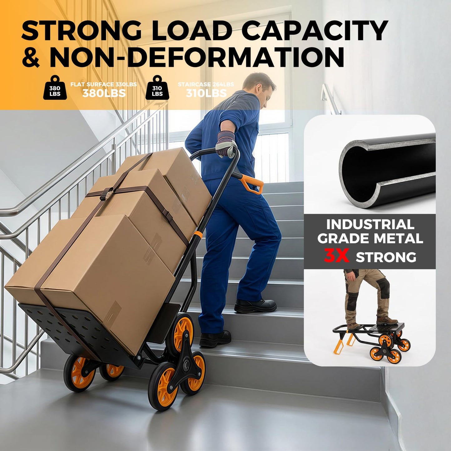 Stair Climbing Dolly - Heavy Duty Stairs Climber Hand Truck for Moving, 380LBS Capacity Folding Cart with 5.9" Triple Wheels, Adjustable Handle, Portable for Home Furniture Grocery Warehouse Office