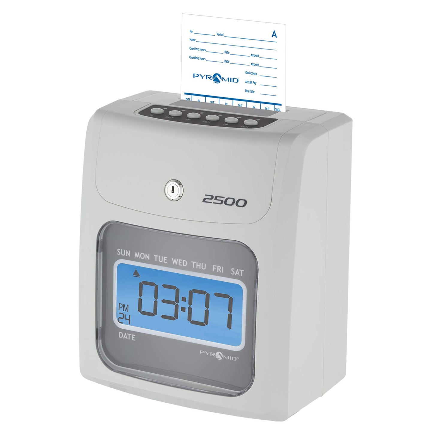 Pyramid Time Systems - 2500 Auto-Aligning Employee Time Clock Timekeeping Bundle [2500K1] for Small Business, Punch Clock System with 100 Time Cards, 2 Ribbon Cartridges, 10-Slot Rack & Security Keys