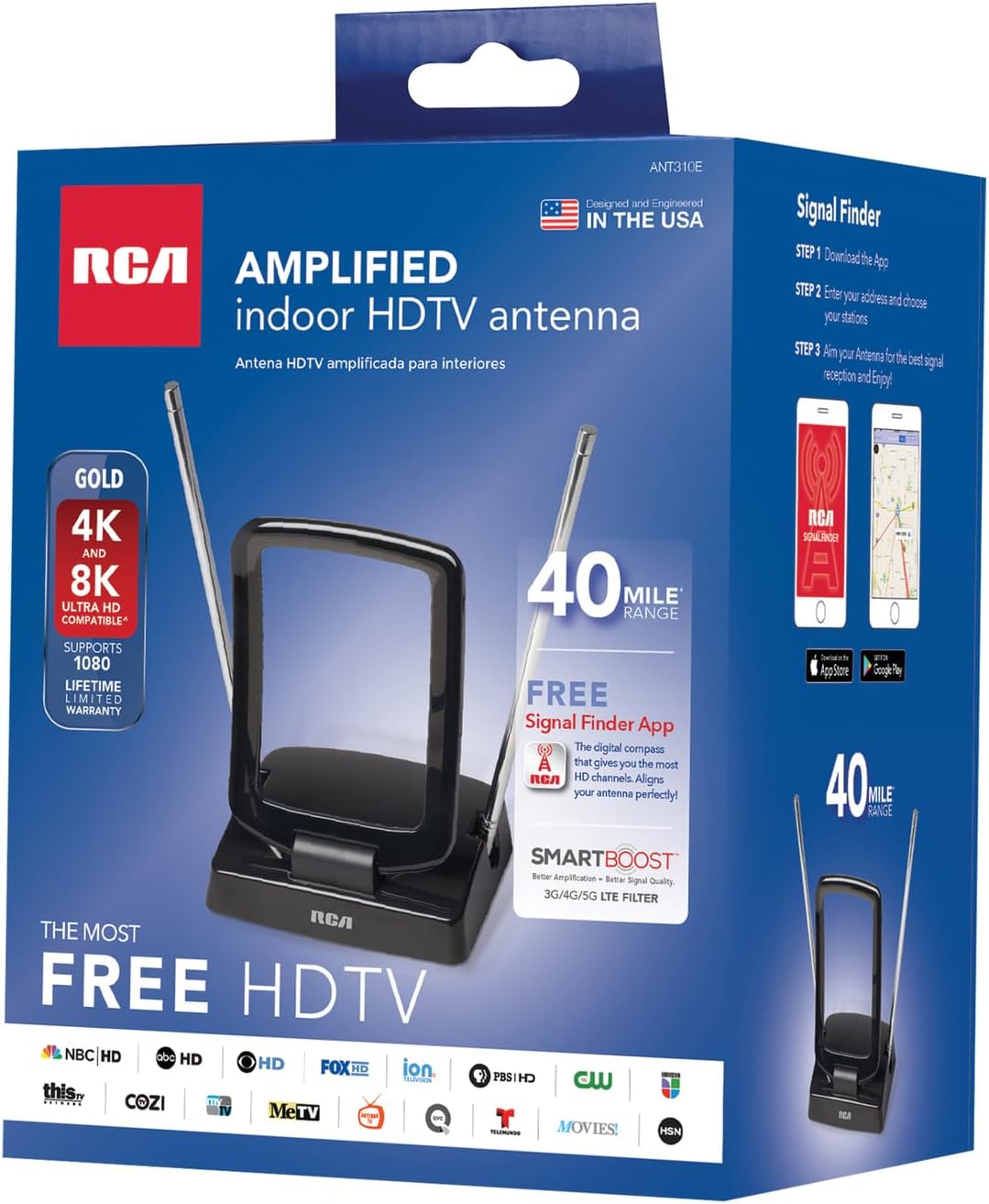 RCA ANT310Z Amplified Indoor FM and TV Antenna in Black