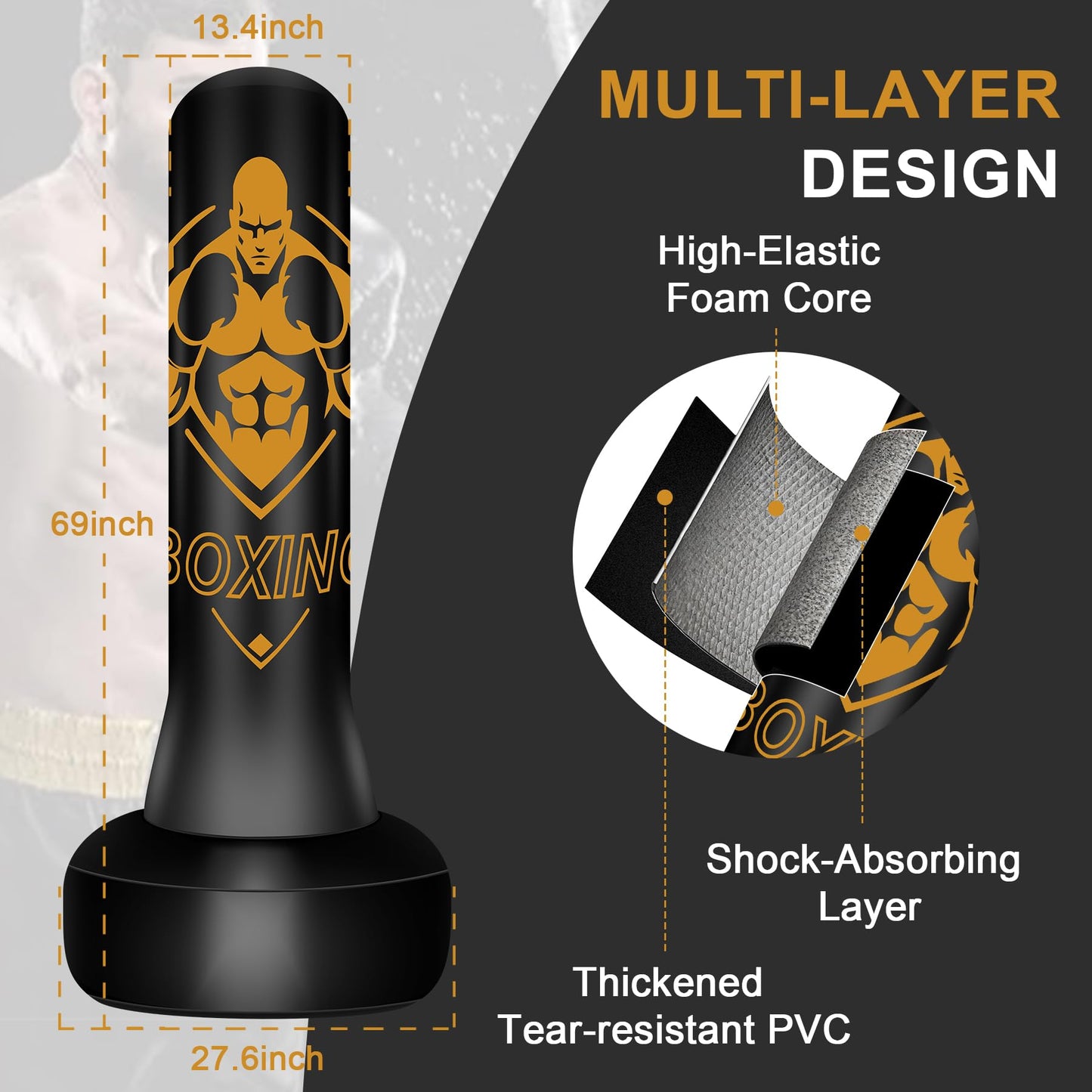 Freestanding Punching Bag for Adults, 70" Heavy Bag Inflatable Boxing Bag, Boxing Equipment Bag with Stand, Kickboxing Bag for Training Gym MMA Muay Thai Fitness