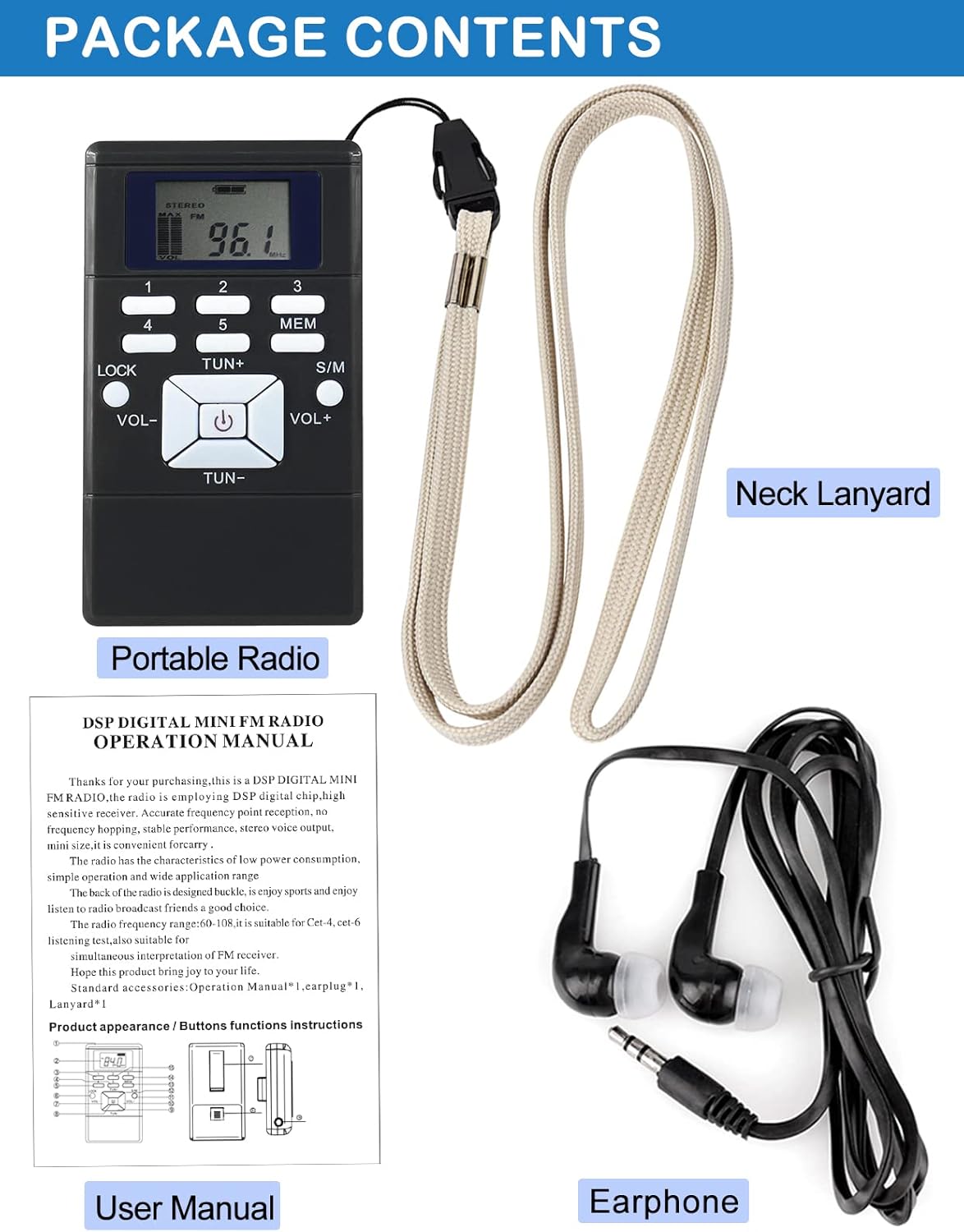 ZHIWHIS Mini Portable FM Radio, Stereo LCD Digital Display Tuning Pocket Walkmen Transistor Conference Receiver