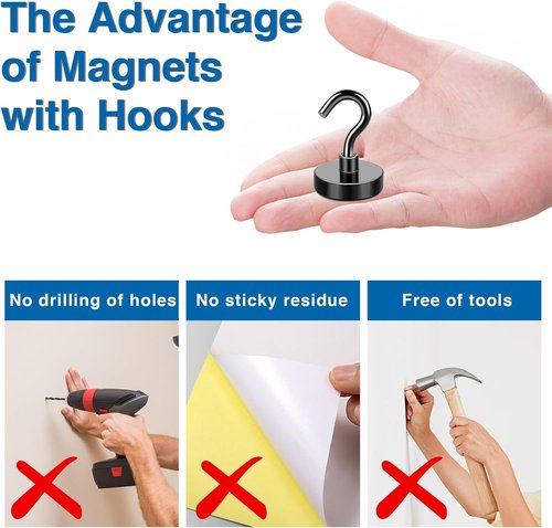 LOVIMAG Magnetic Hooks - Heavy Duty 50lbs+ Strength | 12 Pack Black Magnets for Home & Travel