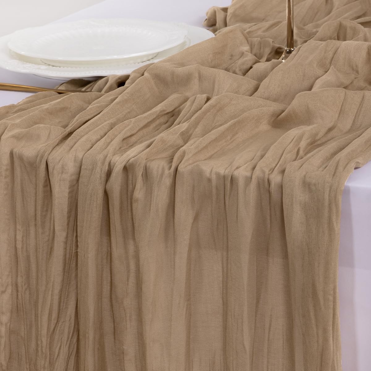 Socomi Cheesecloth Table Runner - 120 Inch Nude Brown Boho Style for Weddings & Events