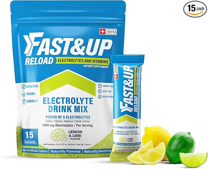 FAST&UP Reload – Lemon & Lime - Refreshing Electrolyte Drink Mix | Hydration Powder Packets | 1500 mg Electrolytes + Vitamins C & B12 | Easy to Open Single Serving Pack | 15 Servings