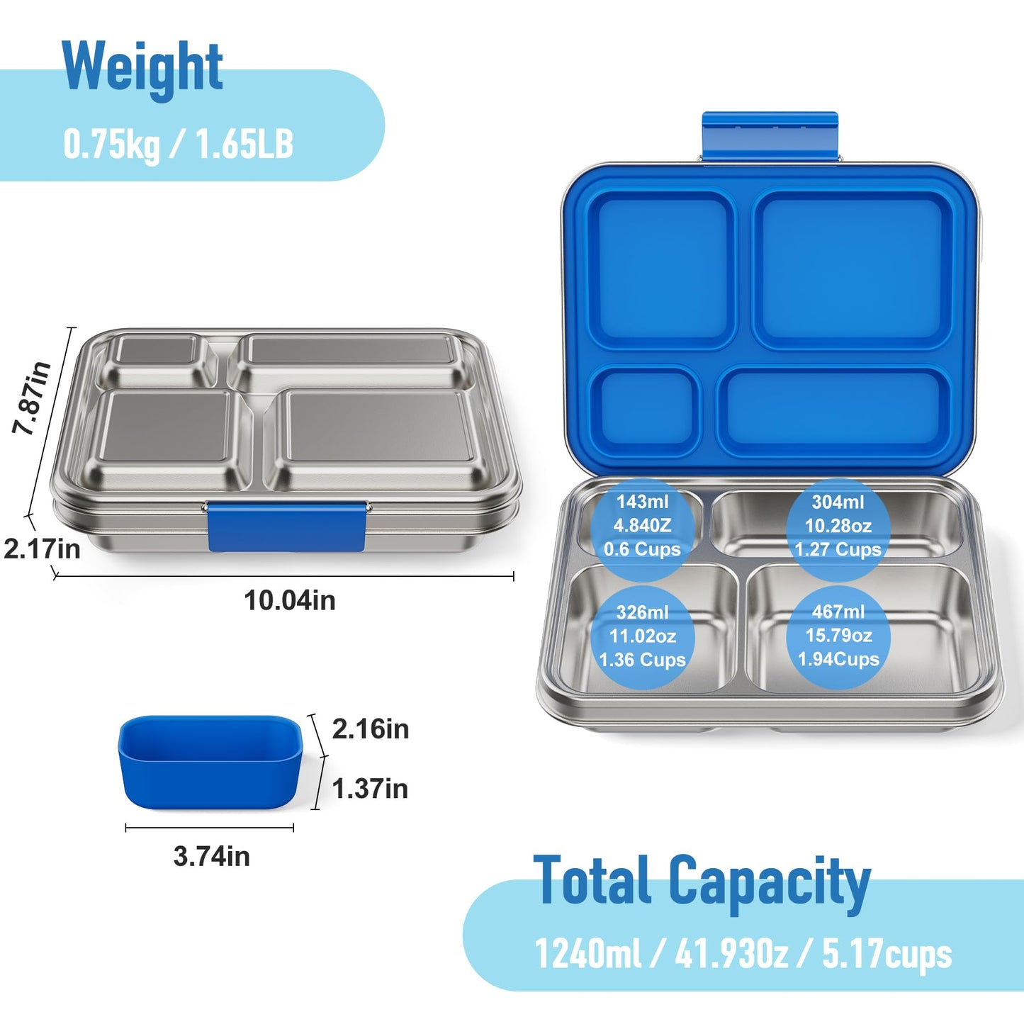 BABHAMNESS Stainless Steel Kids Bento Lunch Box, 4-Compartments with Silicone Container, Dishwasher-Safe, Child-Friendly Design for School and Travel,BPA-Free(Blue)