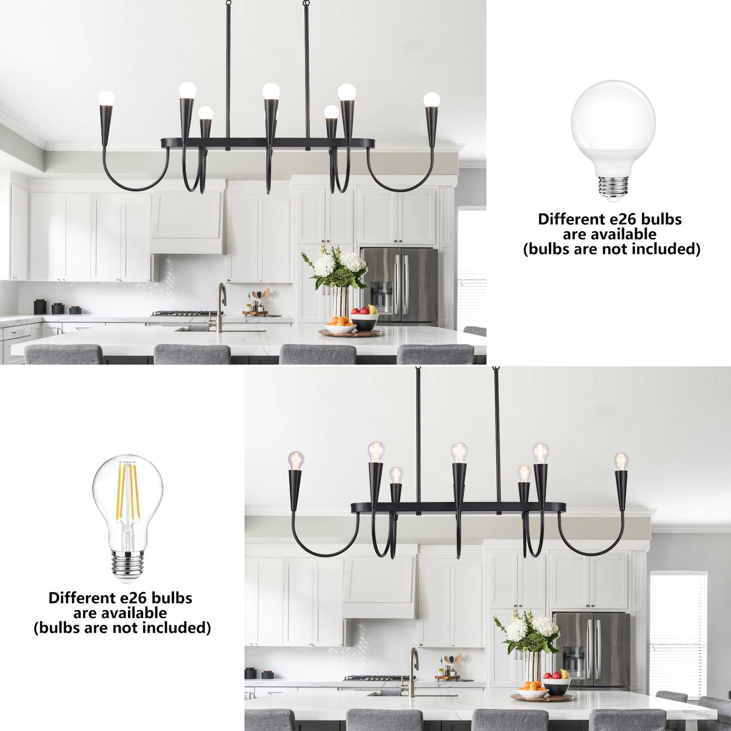 Fang Yan Mei 48 Inch Black Industrial Chandelier, 8-Light Linear Farmhouse Dining Room Ceiling Light for Kitchen Island, Adjustable Hanging Chain, E26 Bulb Base (Bulbs Not Included)