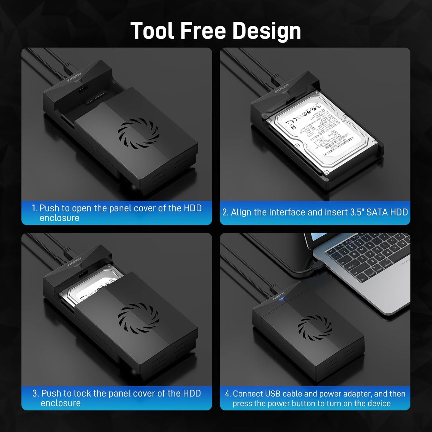 FIDECO 3.5 2.5 inch 12V Hard Drive Enclosure for or SATA HDD SSD, SATA to USB Adapter with Cooling Fan, External HDD
