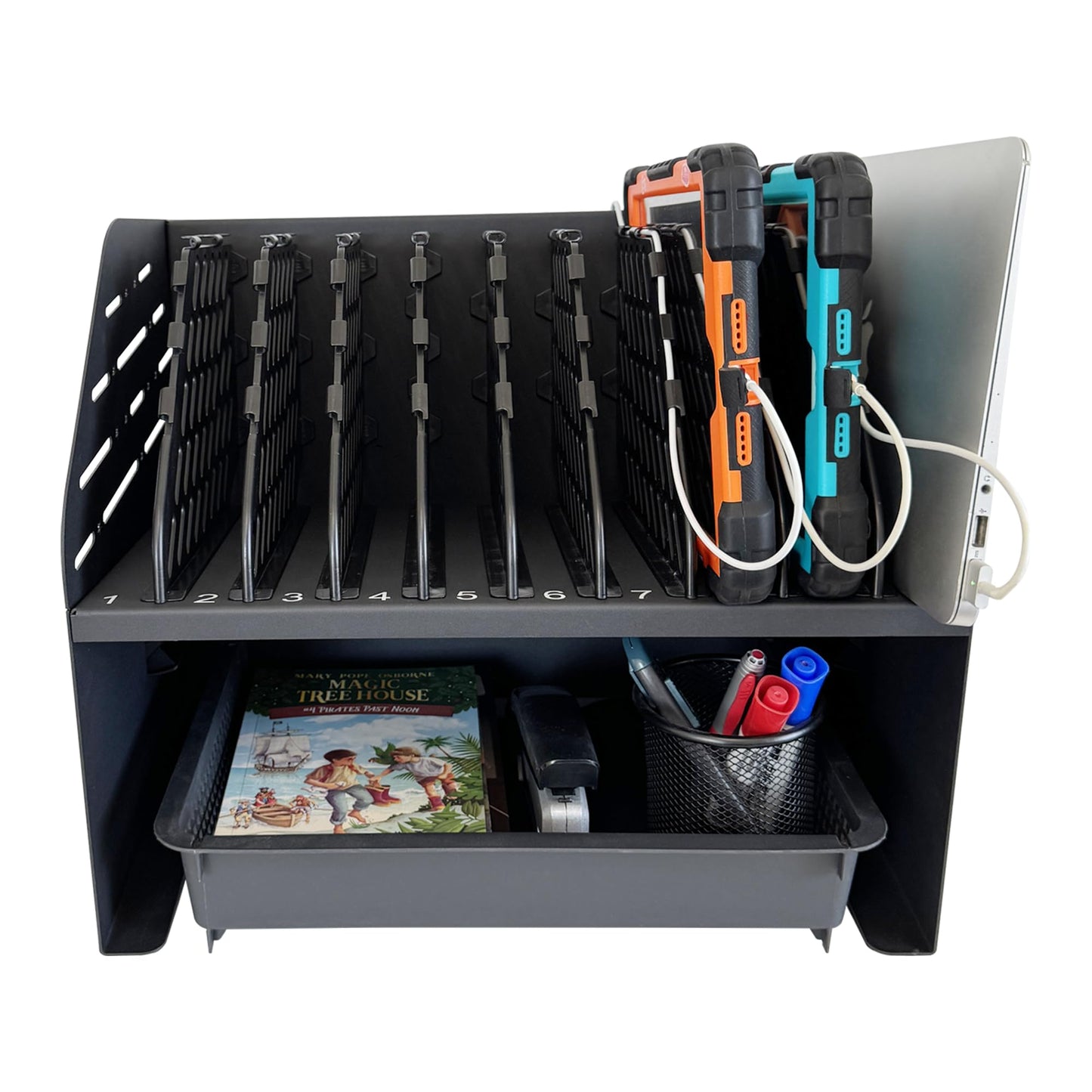 Plugsharge 10-Device Laptop & Tablet Charging Station with 6 AC Outlets & 4 Fast-Charging USB Ports, Charging Rack for Chromebooks, iPads & Devices Up to 15.6", Classroom, Office & Library Organizer