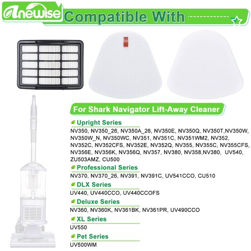 Anewise Vacuum Replacement Filter for Shark Navigator Lift-Away ZU503AMZ, NV350, NV351, NV352, NV355, NV356, NV357,NV358,NV360, UV540, UV440, 2 Pre-Felt + 1 Hepa Filter Replace Part #XFF350 & XHF350